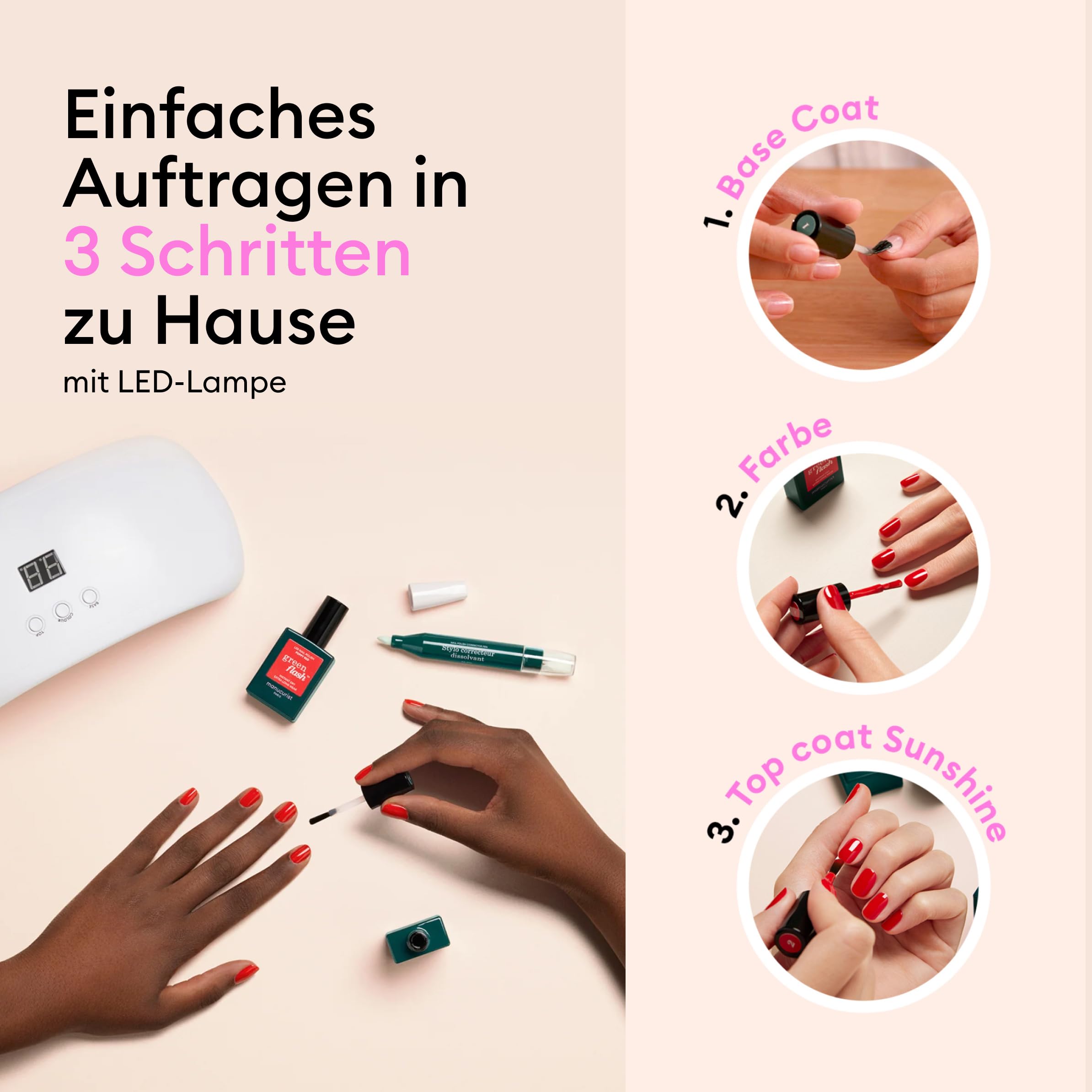 Manucurist UV Nagellack Set Slim Green Flash - Gel Nägel Set | LED UV Lampe für Gelnägel 24W + Base Coat + Top Coat Gel + Gel Nail Polish Hortencia + Nagellackentferner Acetonfrei + Clips