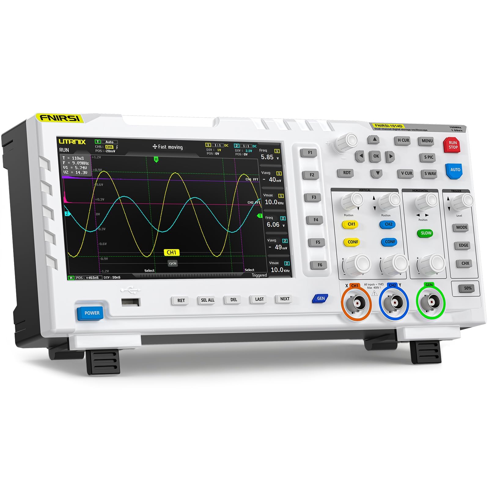 Oscilloscopio FNIRSI 1014D, Oscilloscopio Digitale 2 in 1, Generatore di Segnale DDS, 2 Canali, Larghezza di Banda 100 Mhz, Frequenza di Campionamento 1 Gsa/s, Memoria Integrata da 1 GB