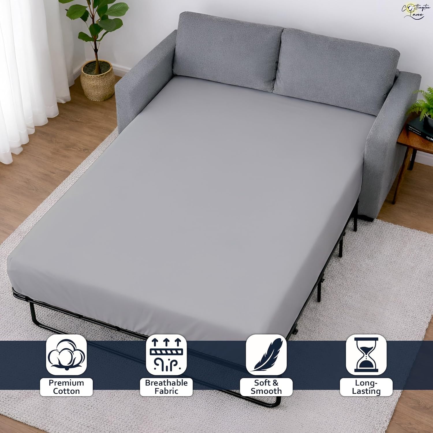 Cottington Lane 1 Piece Sleeper Sofa Fitted Sheet Full Size, Premium Quality 100% Egyptian Cotton, 6 Inch Deep Sofa Bed/Pullout Couch Bottom Sheet Only, Cooling, Soft & Breathable, Silver Grey