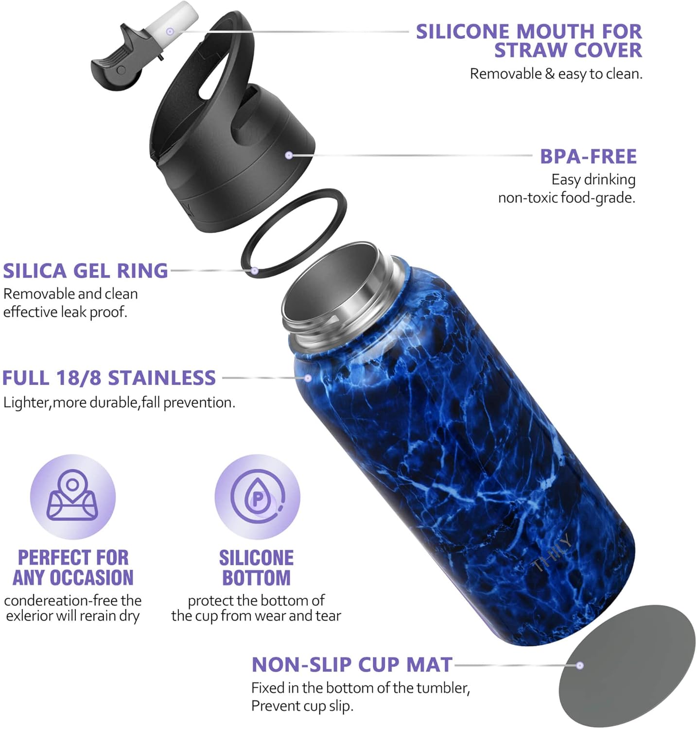 Vacuum Insulated Sports Water Bottle - THILY 32 oz Stainless Steel Leakproof Wide Mouth Metal Water Flask with Flip Lid and Straw Lid, Reusable, BPA Free, Keep Hot 12 Hours Cold 36 Hours, Abysmal Sea - Image 4