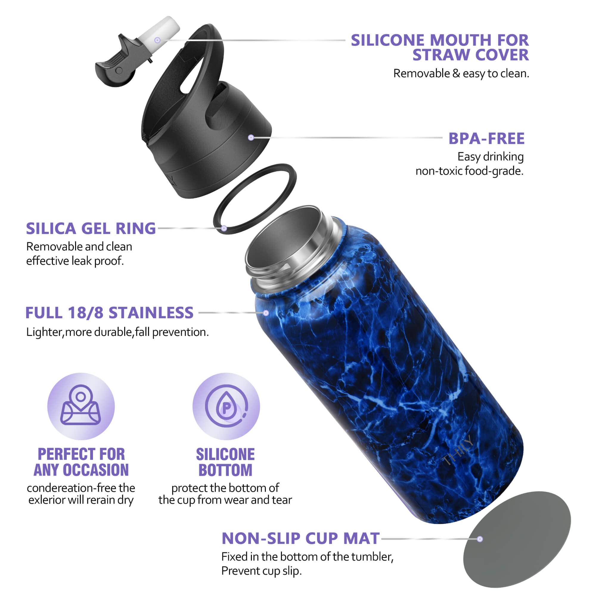 THILY Bouteille D'eau Isotherme En Acier Inoxydable - Triple Isolation - 945 Ml - Anti-fuite - Large Ouverture - Avec 2 Couvercles Et Pailles - Pour