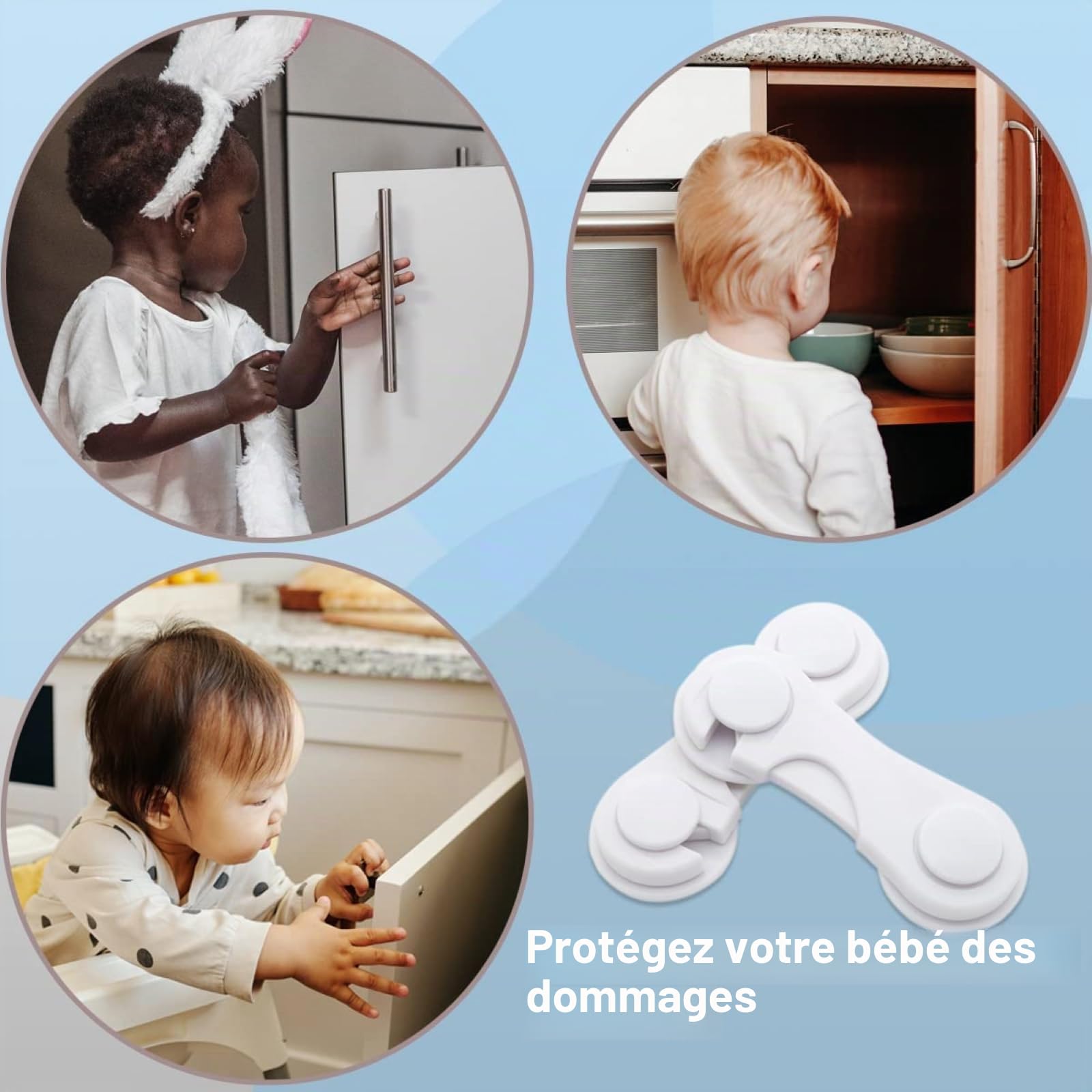 Lot de 6 verrous d'armoire de sécurité pour enfants, tiroirs, verrous d'armoire et de tiroir, ruban adhésif puissant, sans perçage, durable, blanc, idéal pour meubles, cuisine, porte d'armoire