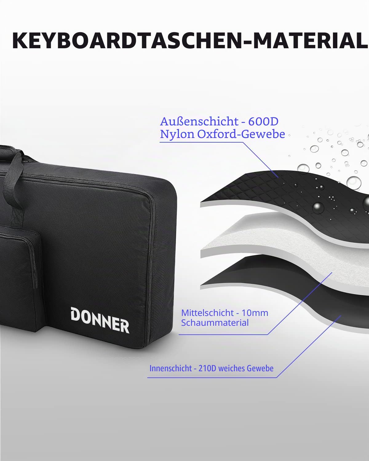 Donner Gigbag für 61-Tasten-Keyboards, tragbares Keyboard-Klavier-E-Piano-Case mit Reißverschlüssen und Tragegriff, wasserdicht, 10 mm gepolstert, 600D Oxford Nylon, 104 x 13 x 41 cm, Schwarz