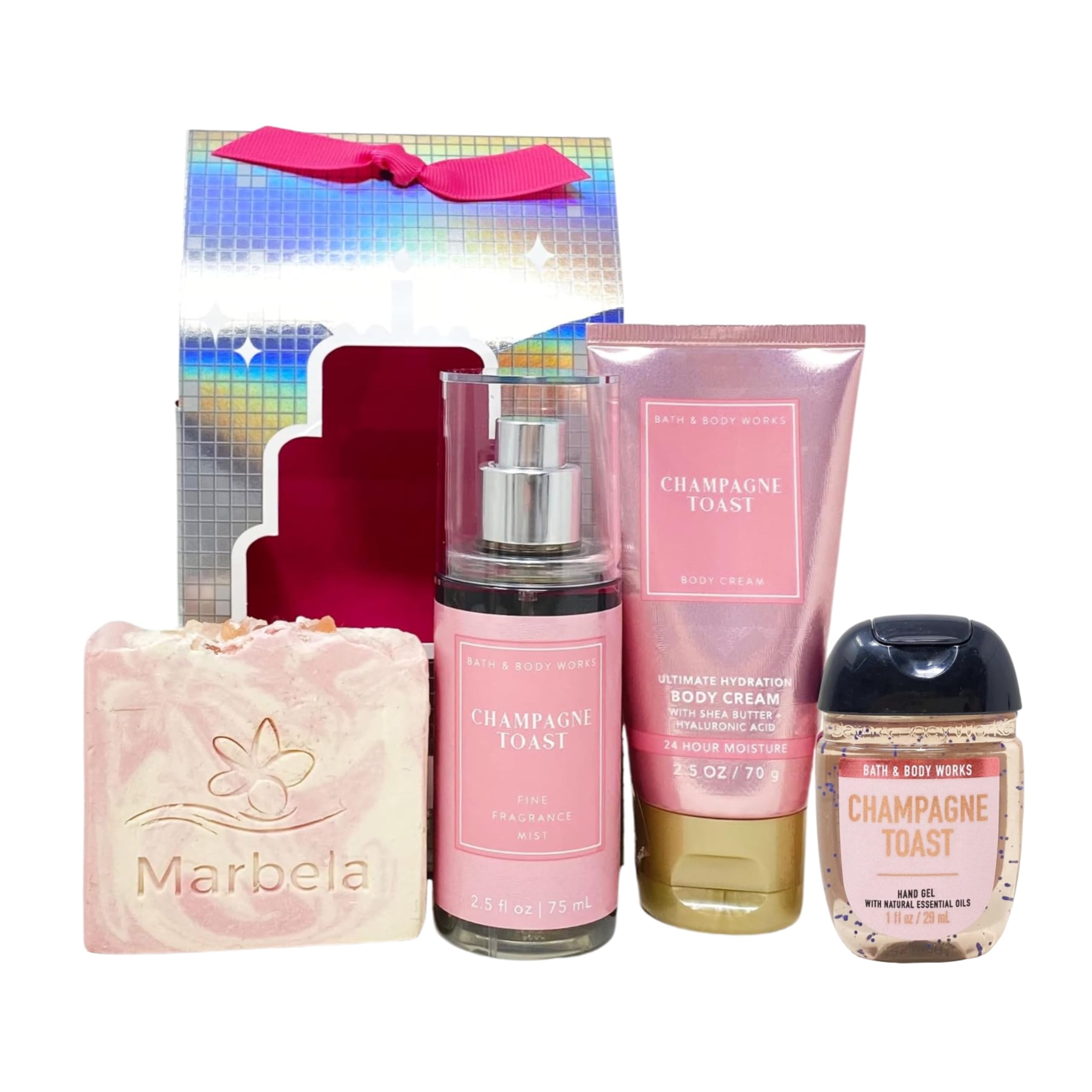 Bath & Body Works Champagne Toast Happy Birthday! Mini Gift Bag - Fragrance Mist - Body Cream - Hand Gel - with a Himalayan Salts Springs Bar Soap - Travel Size