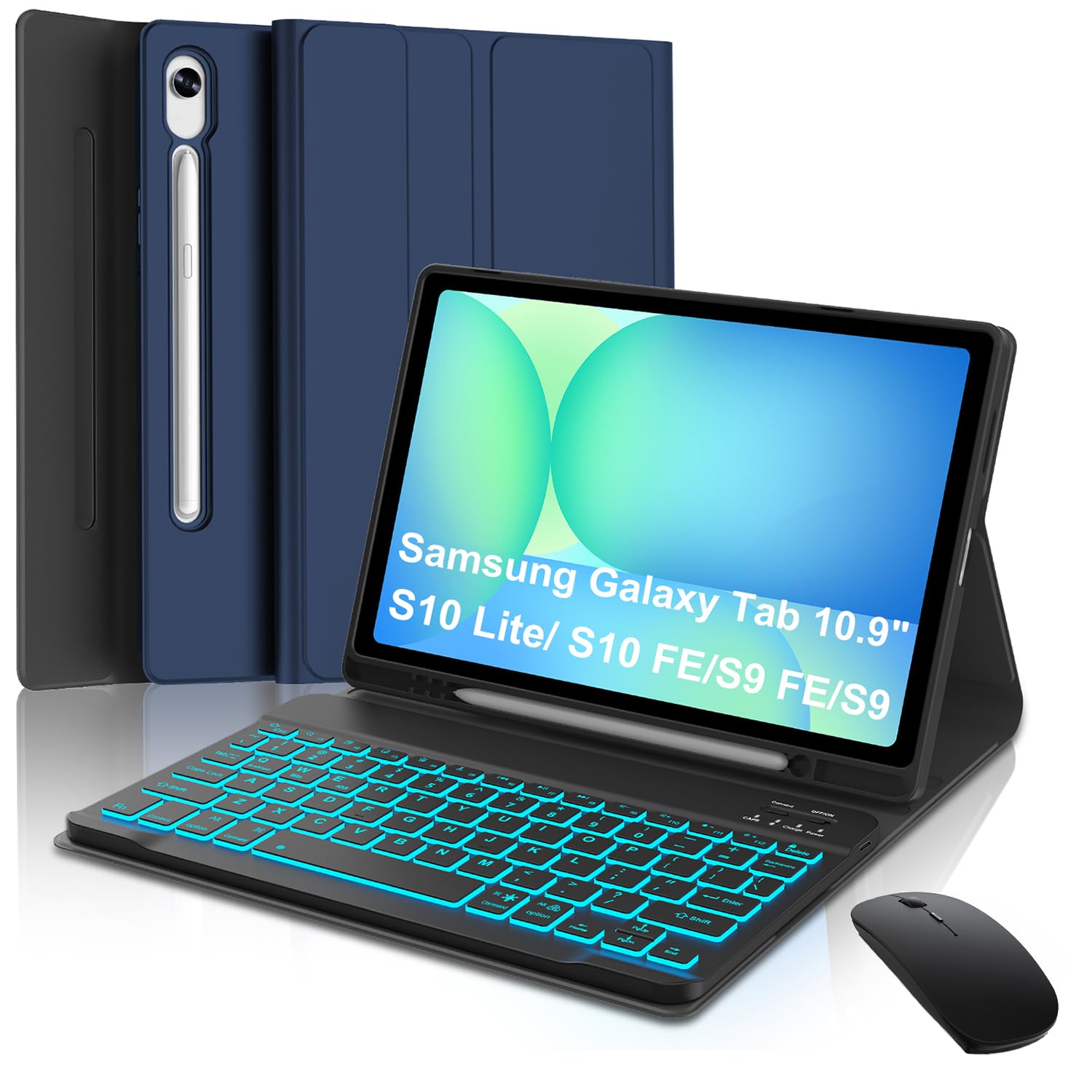 Keyboard Case for Samsung Galaxy Tab S10 Lite/ S10 FE/ S9 FE 10.9 Inch/Tab S9 11 Inch with Mouse, 7 Color Backlit Detachable Wireless Bluetooth Keyboard with Pen Holder, Dark Blue