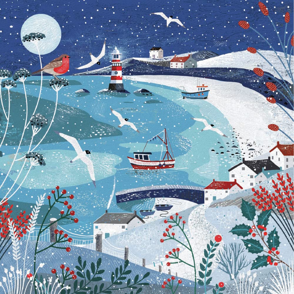 Museums & Galleries Charity Christmas Card Pack of 5, Snowy Harbour Scene, Christmas Card Multipack, In Aid of UK Charities
