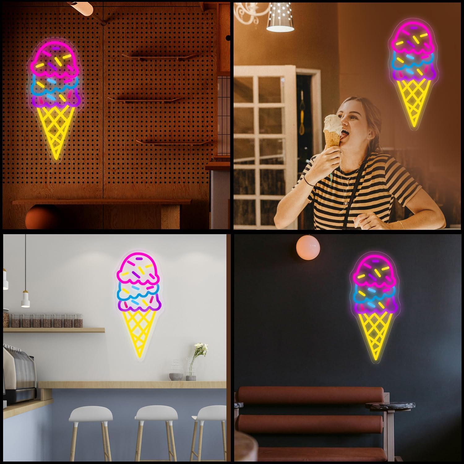 Ice Cream Open Neon Sign Shop Wall Decor Custom Neon Signs Personalized Dimmable LED Light for Birthday Christmas Party Bedroom Bar Drink Shop USB Powered with Pink Yellow Blue Glow (14.7 x 6.7) - Image 6