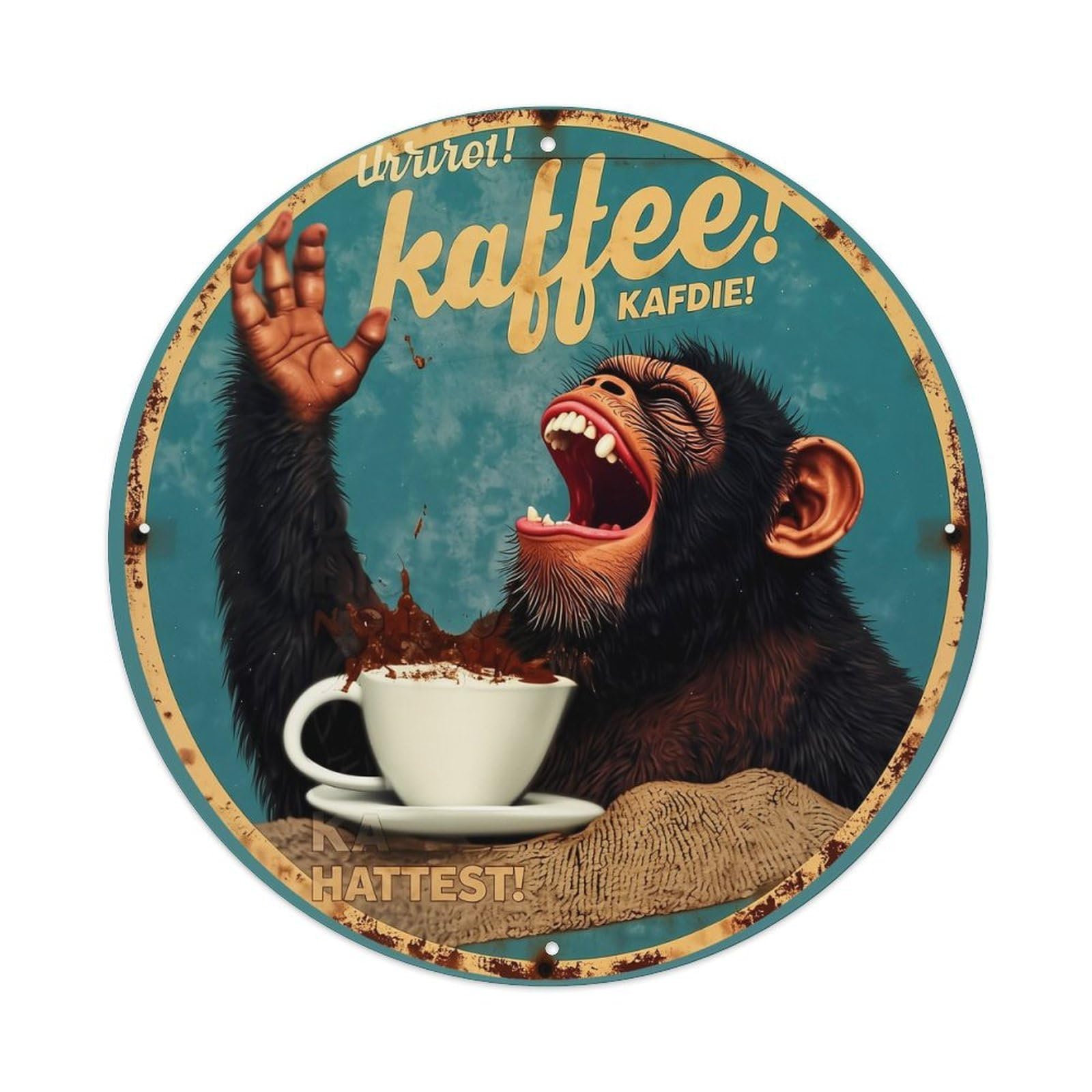 Excited Chimp Drinking Coffee Cup Tin Sign Metal Poster Vintage Metal Signs for Home Man Cave Bar Cafe Kitchen laundry room Wall Decorations 8x8 inches