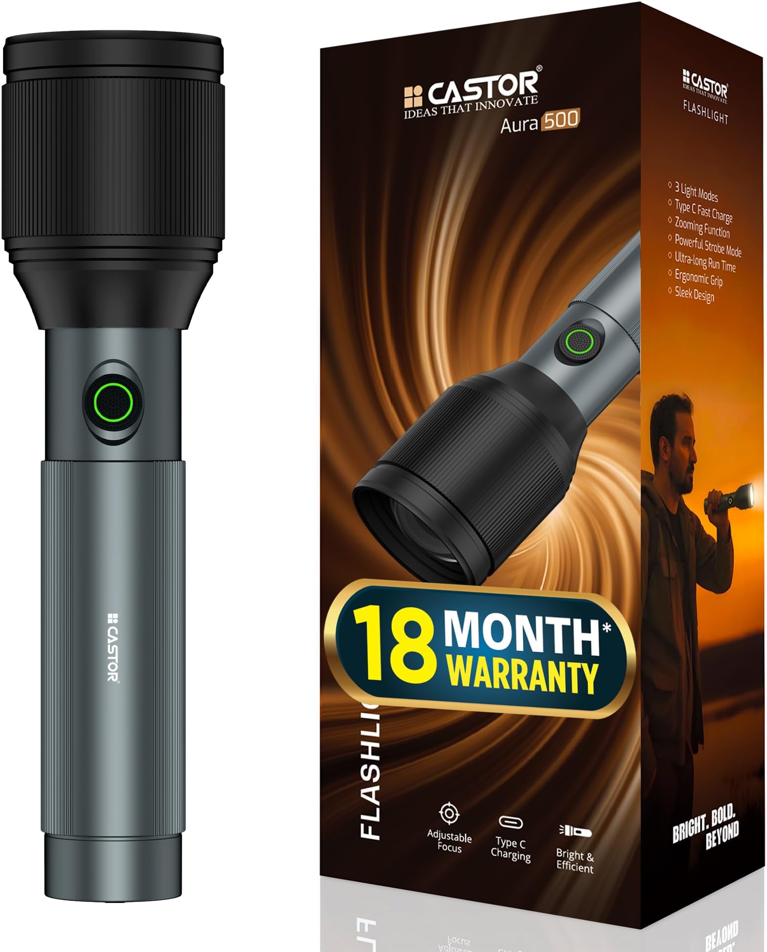 IBELL Castor AURA500 Rechargeable Torch Light High Power, 3 Light Modes, Telescopic Zoom, Type C Charging, LED Flashlight, Super Bright & Long Distance Range, for Home, Outdoor & Emergency Use (Grey)