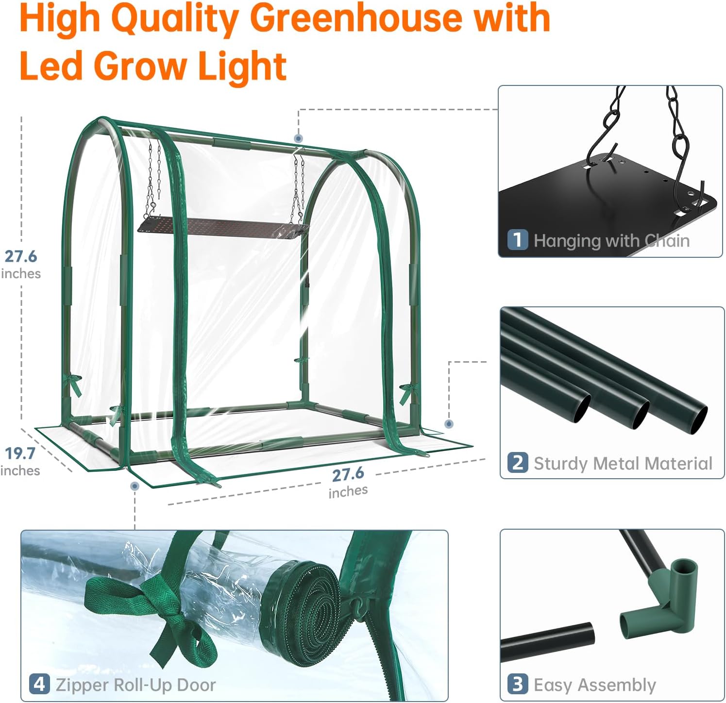 Mini Indoor Greenhouse with Grow Lights, 27.2" L X 19.9" W X 27.2" H Desktop Small Greenhouse with Zippered Door and PVC Cover for Seed Starting, 1.6FT Plant Light for Indoor Plants with Timer