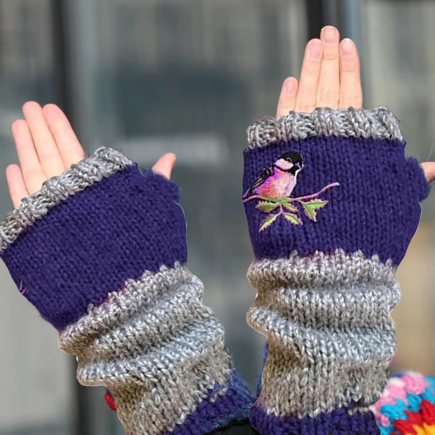 FOOMER Warm Patchwork Embroidered Fingerless Gloves with Vintage Knitted Design and Bird Embroidery - Image 5