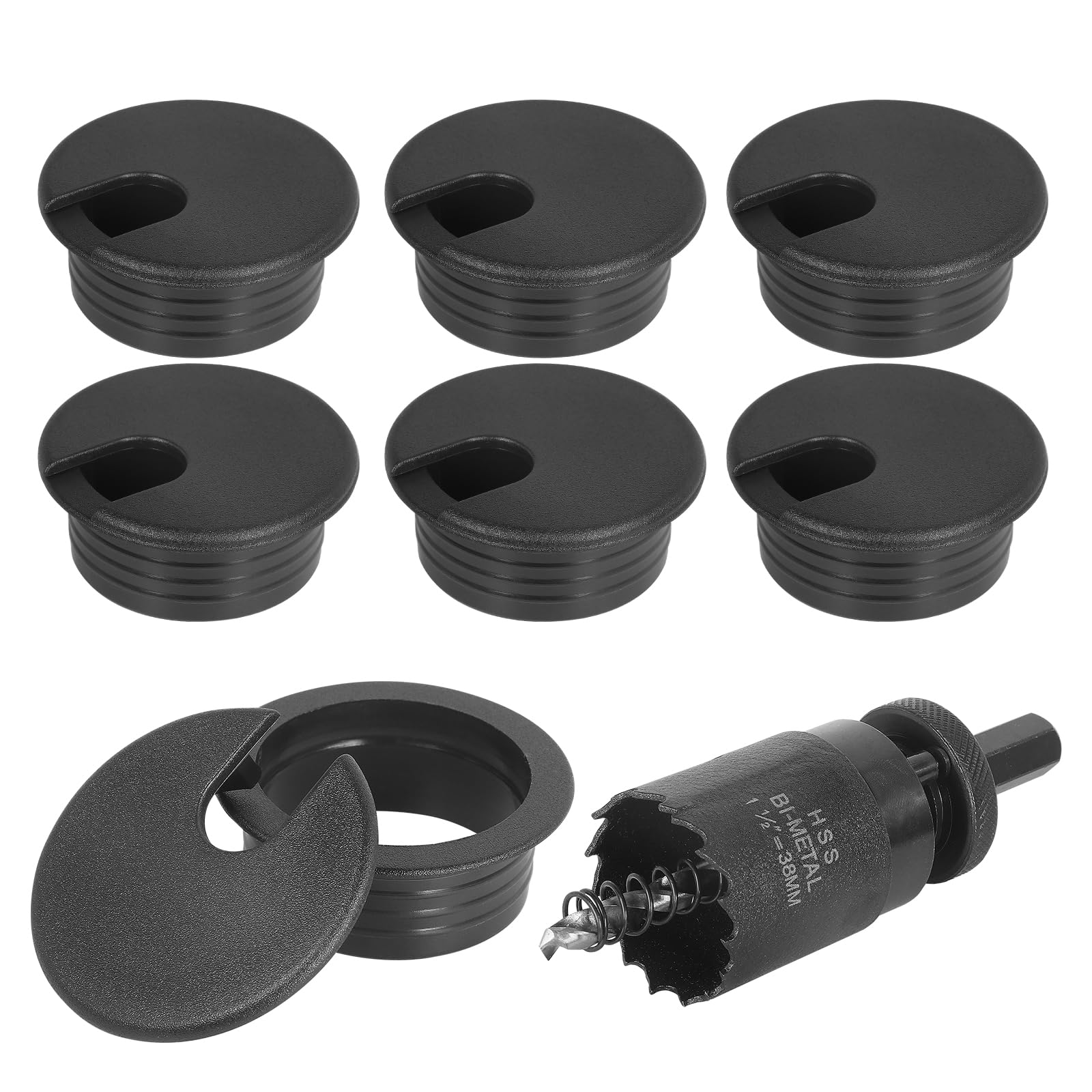 1-1/2" Black Desk Grommet with Bi-Metal Hole Saw, JTemgle Plastic Cable Hole Cover Computer Table Cord Wire Organizer Caps, Desktop Cord Management