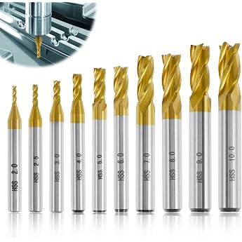 10 Pieces HSS Carbide End Mill Set 4 Flutes Titanium Solid Carbide End Mill Set 2-10 mm Solid Carbide Milling Cutter CNC Milling Cutter for Plastic Metal Stainless Steel Carbon Steel Aluminium Wood Acrylic