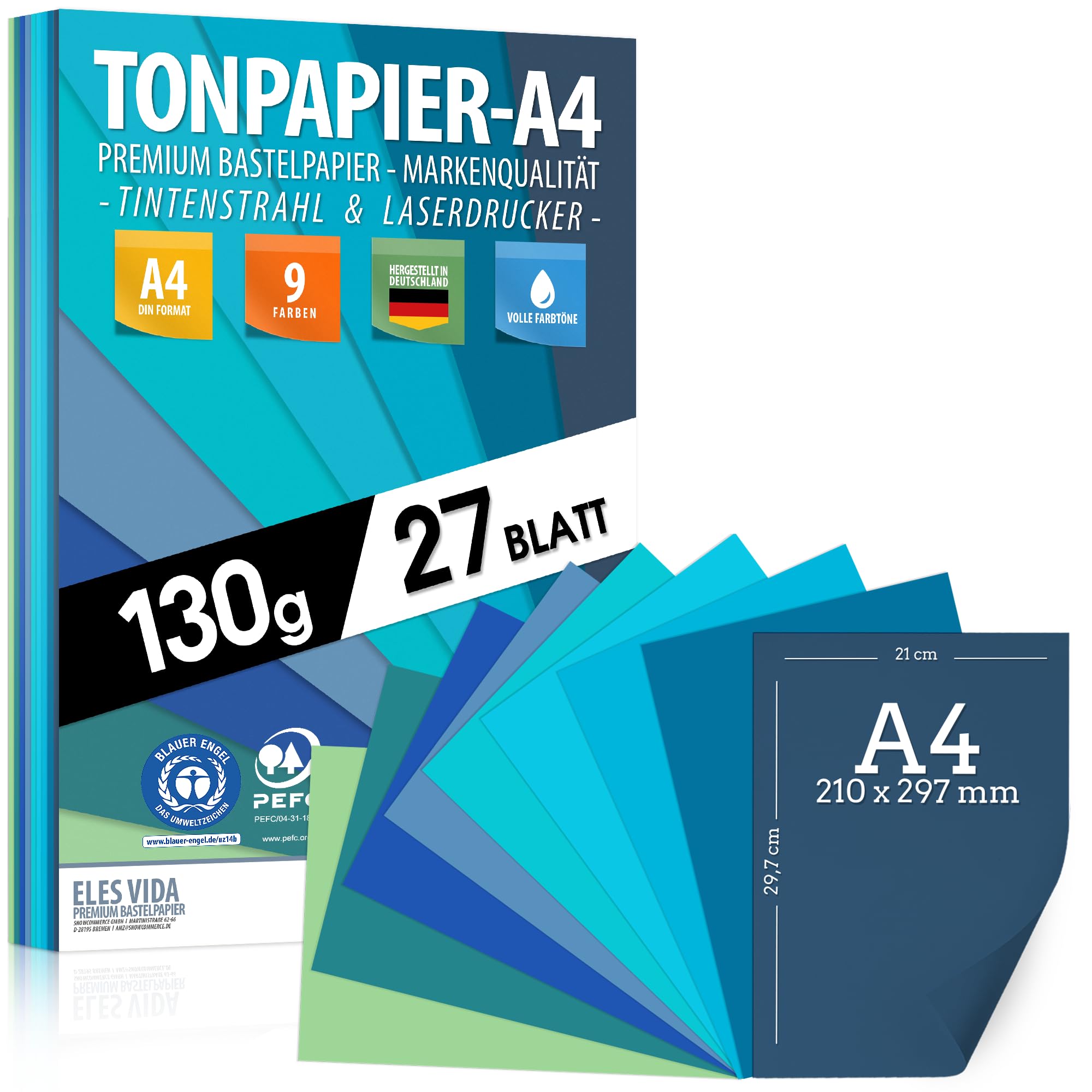 Carta colorata da disegno DIN A4 130 g/m² 9 colori toni di blu ciano azzurro oceano