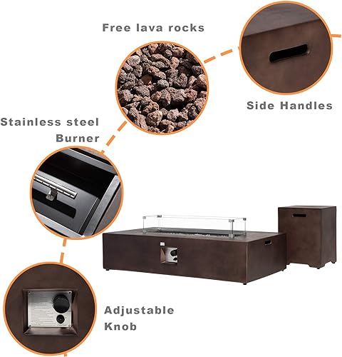 Miniatura 82 de COSIEST Fogata cuadrada de propano de piedra arenisca para exteriores de 35 pulgadas con protector contra el viento y mesa auxiliar, quemador