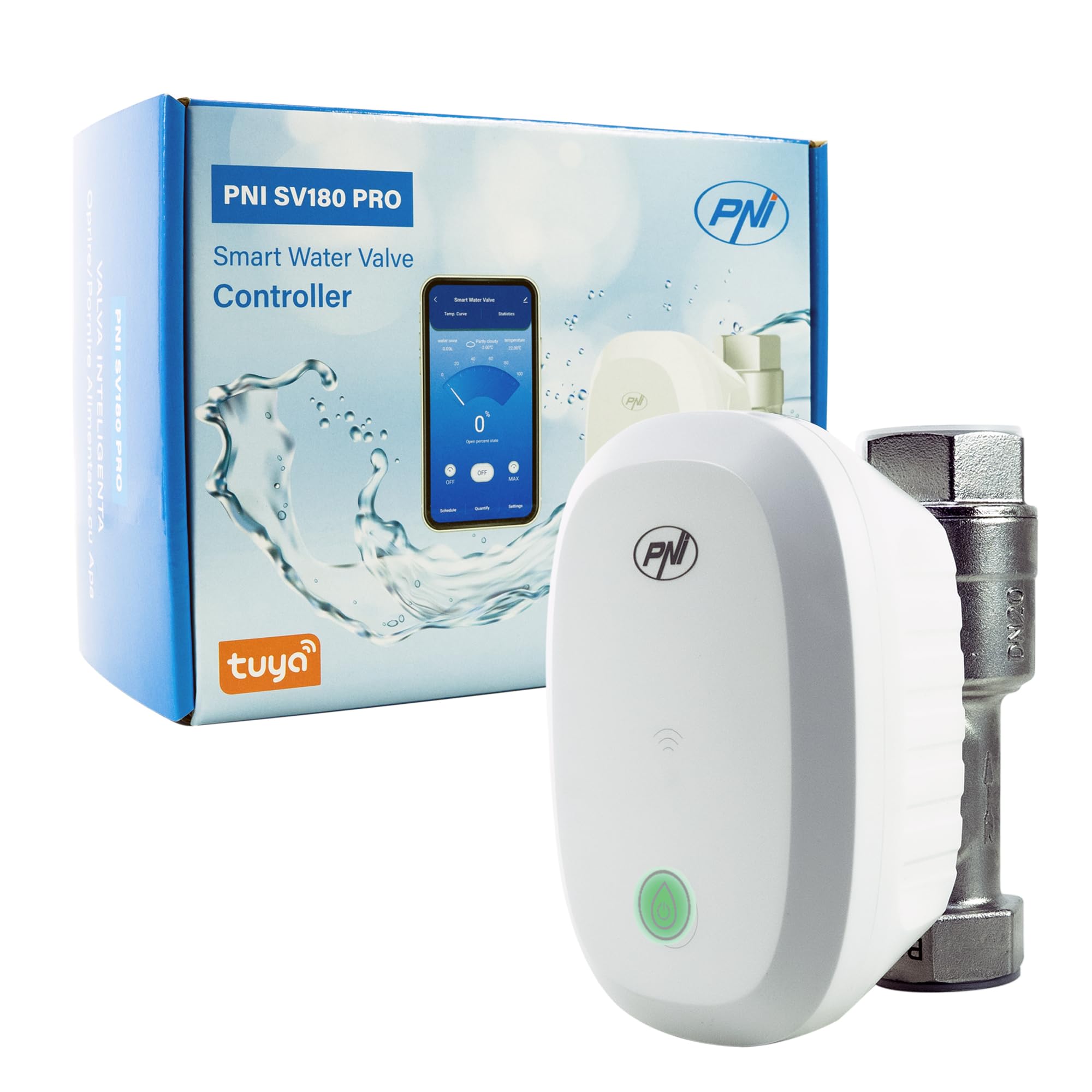 PNI Válvula de agua inteligente PNI-SV180P SV180 PRO, conectividad Wi-Fi, IP65, DN20, aplicación Tuya 3/4, compatible con Amazon Alexa y Google Home