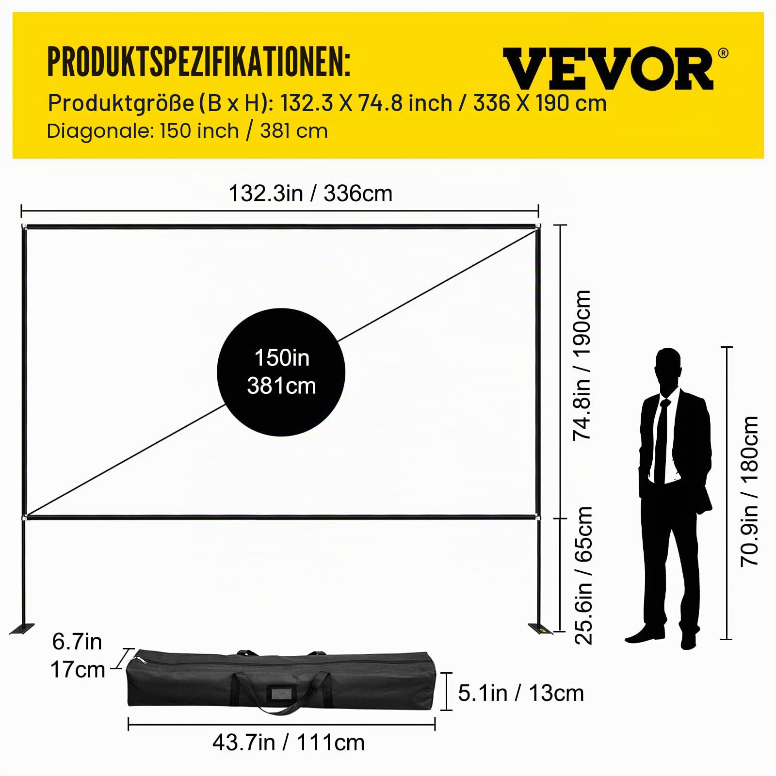 VEVOR Projektion Leinwand mit Stand 381 cm(150") Tragbare Filmleinwand 16:9 Projector Screen 347x201,9cm Mobile Beamer Leinwand 160° Betrachtungswinkel Geeignet für Heimkino Camping, Schwarz