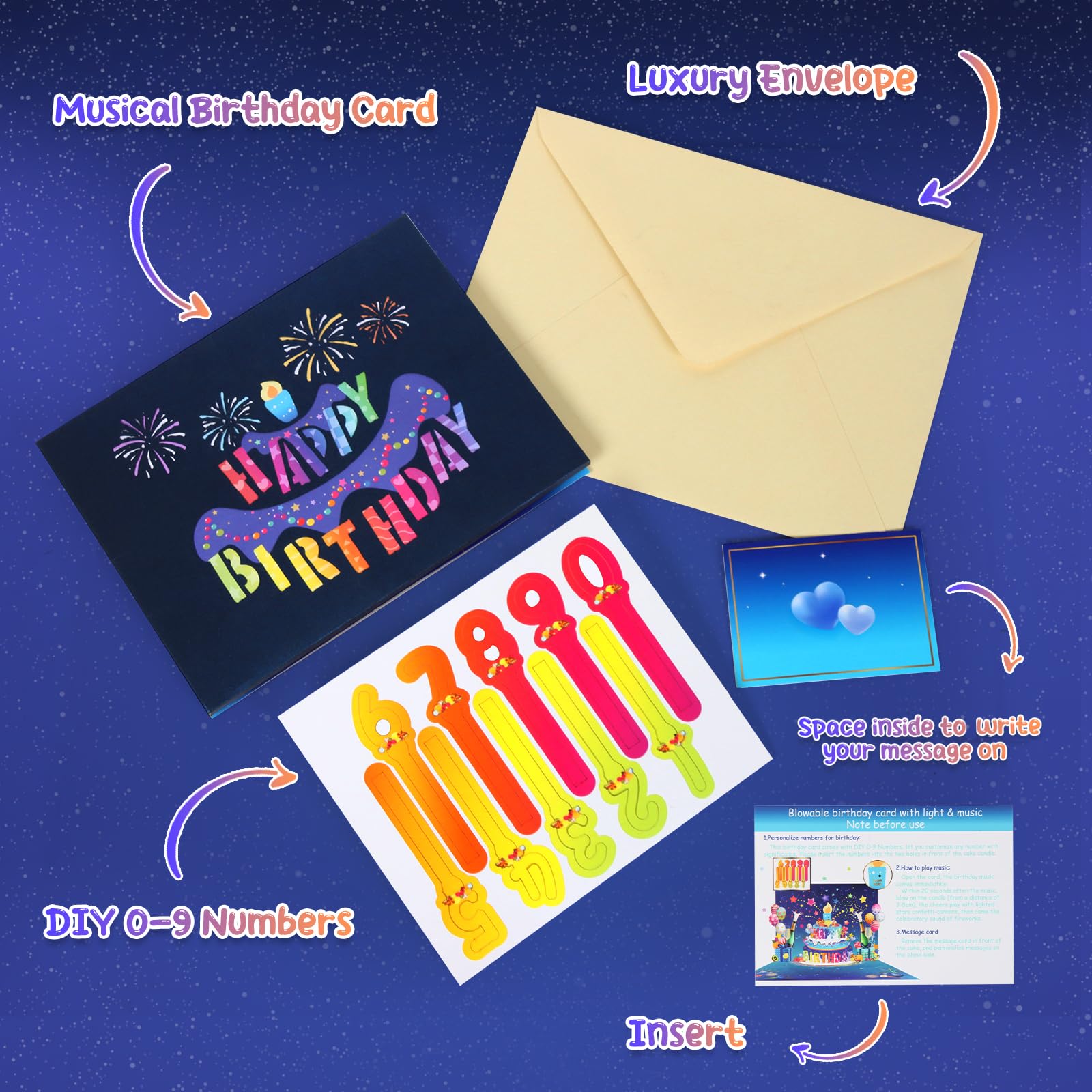 3D Musikalische Geburtstagskarte mit blasbarer LED-Lichtkerze, DIY 0-9 Zahlen, Happy Birthday Pop-Up-Karten mit bunten Feuerwerk-Lichtern, Happy Birthday Song & aufregender Jubelklang, beeindruckende