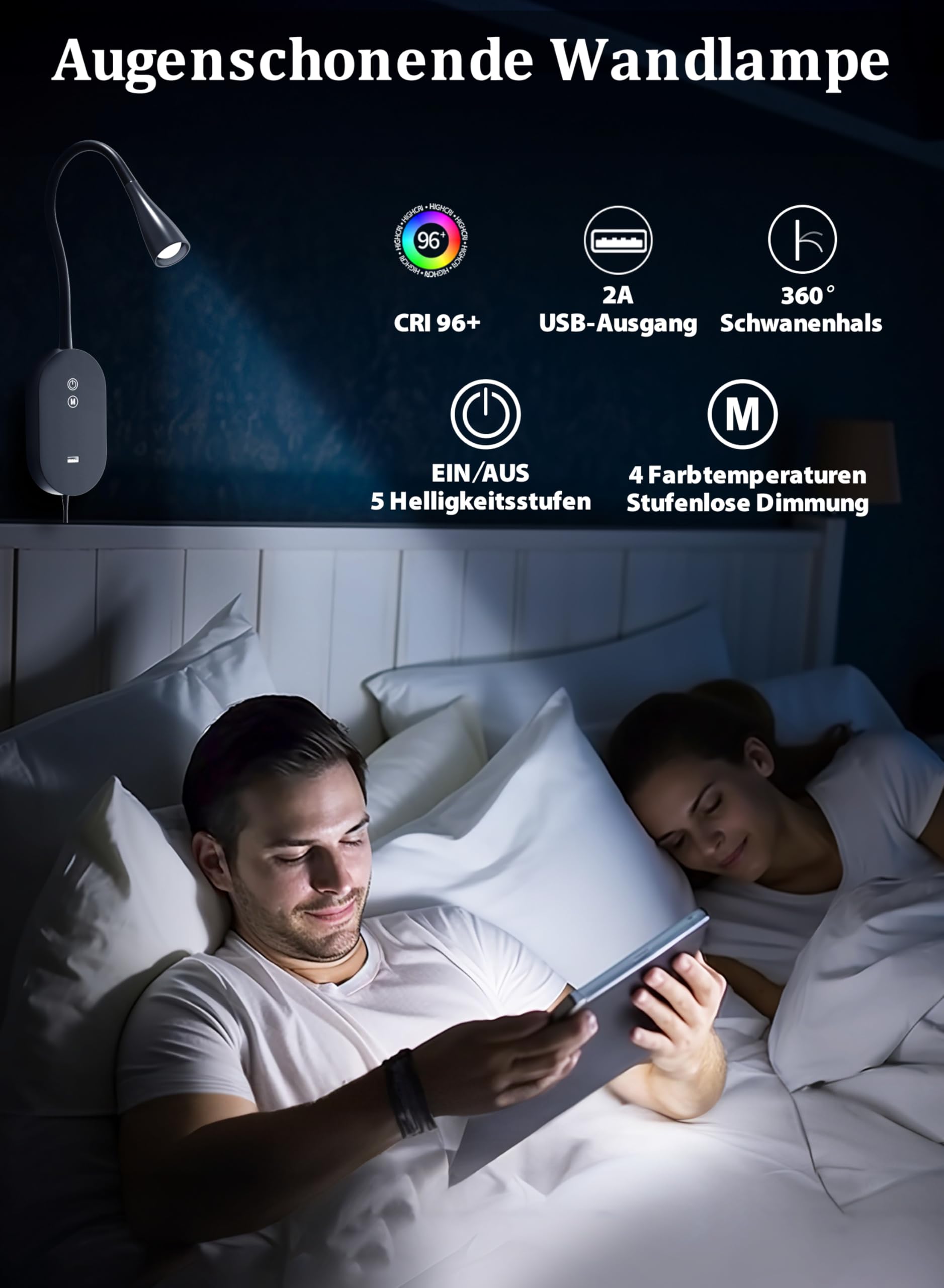 Wandleuchte Leselampe Bett – 4 Farbmodi, 5-stufig dimmbare Leselampe, CRI 95+ natürliches Sonnenlicht, 2A USB-Schnellladeausgang & Speicherfunktion – Schwarz