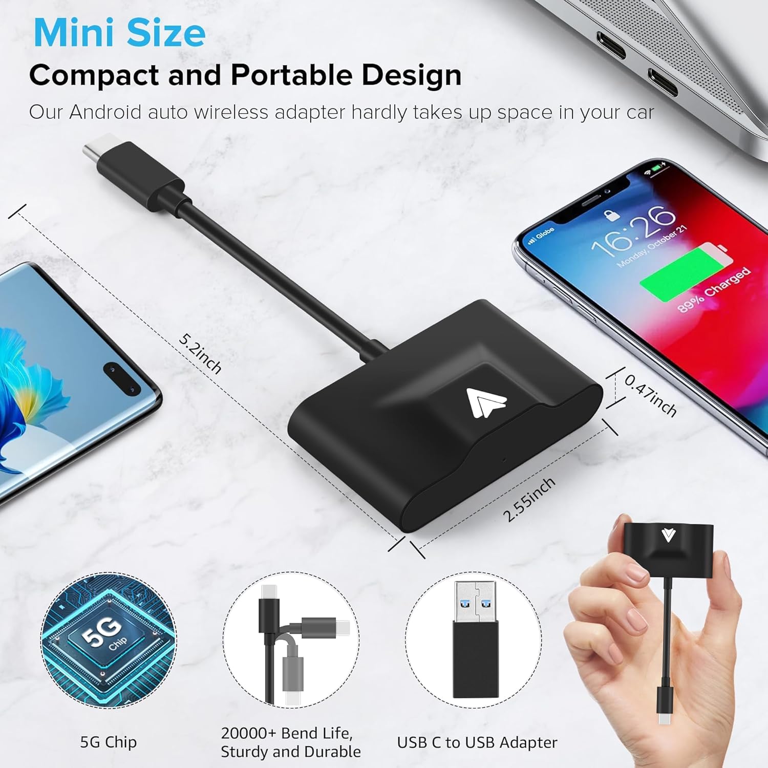 Adaptador Android Auto Inalambrico, Convierte la Conexión por Cable Existente en Inalámbrica, Plug and Play, Configuración Fácil, Android Auto Wireless Adapter
