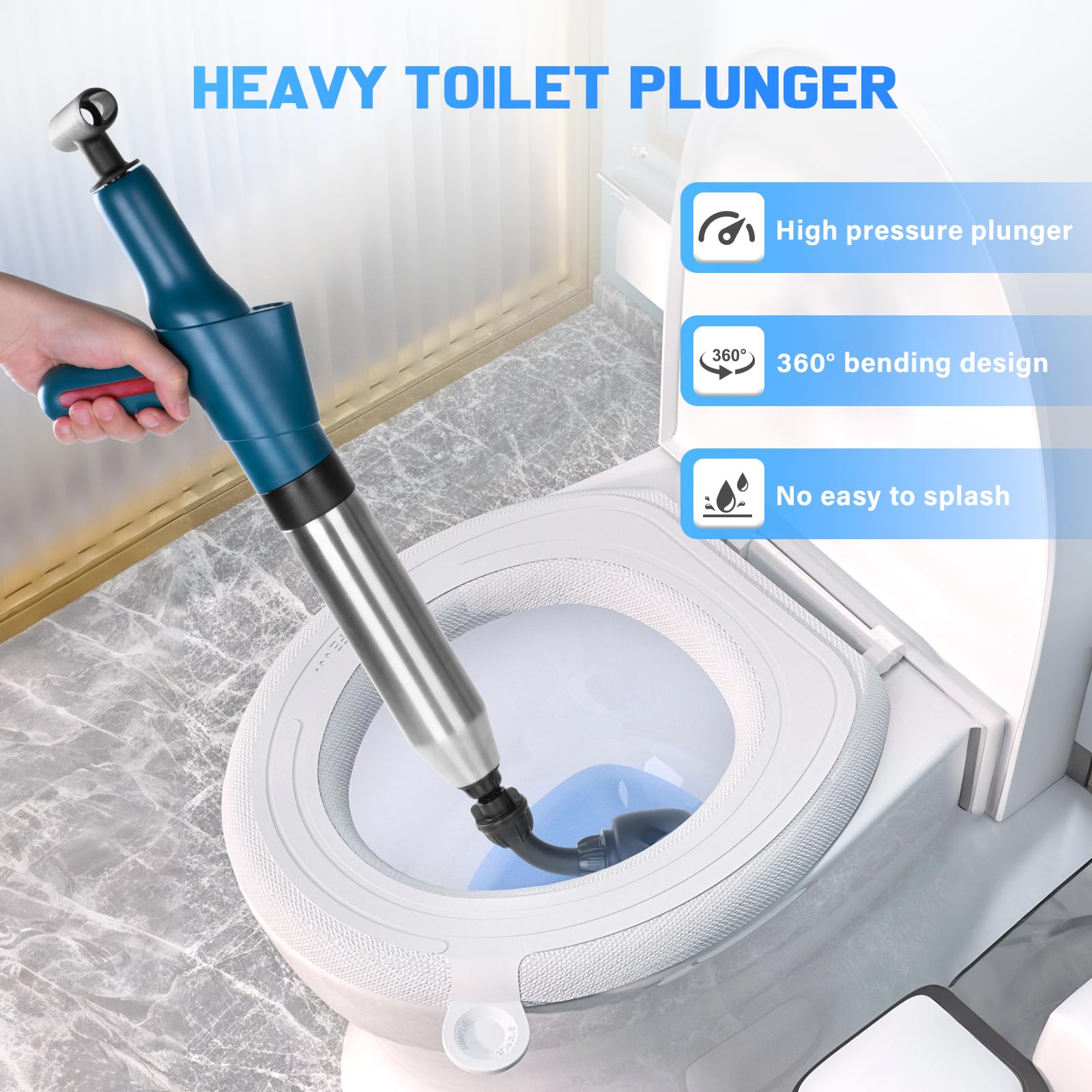 Toiletten Pömpel Abflussreiniger Pumpe, Pressluft Rohrreiniger Kit mit 4 Austauschbaren Köpfen, Effektiv gegen Abflussverstopfungen mit Luftdruckanzeige für Waschbecken, Toilette, Badezimmer, Küche