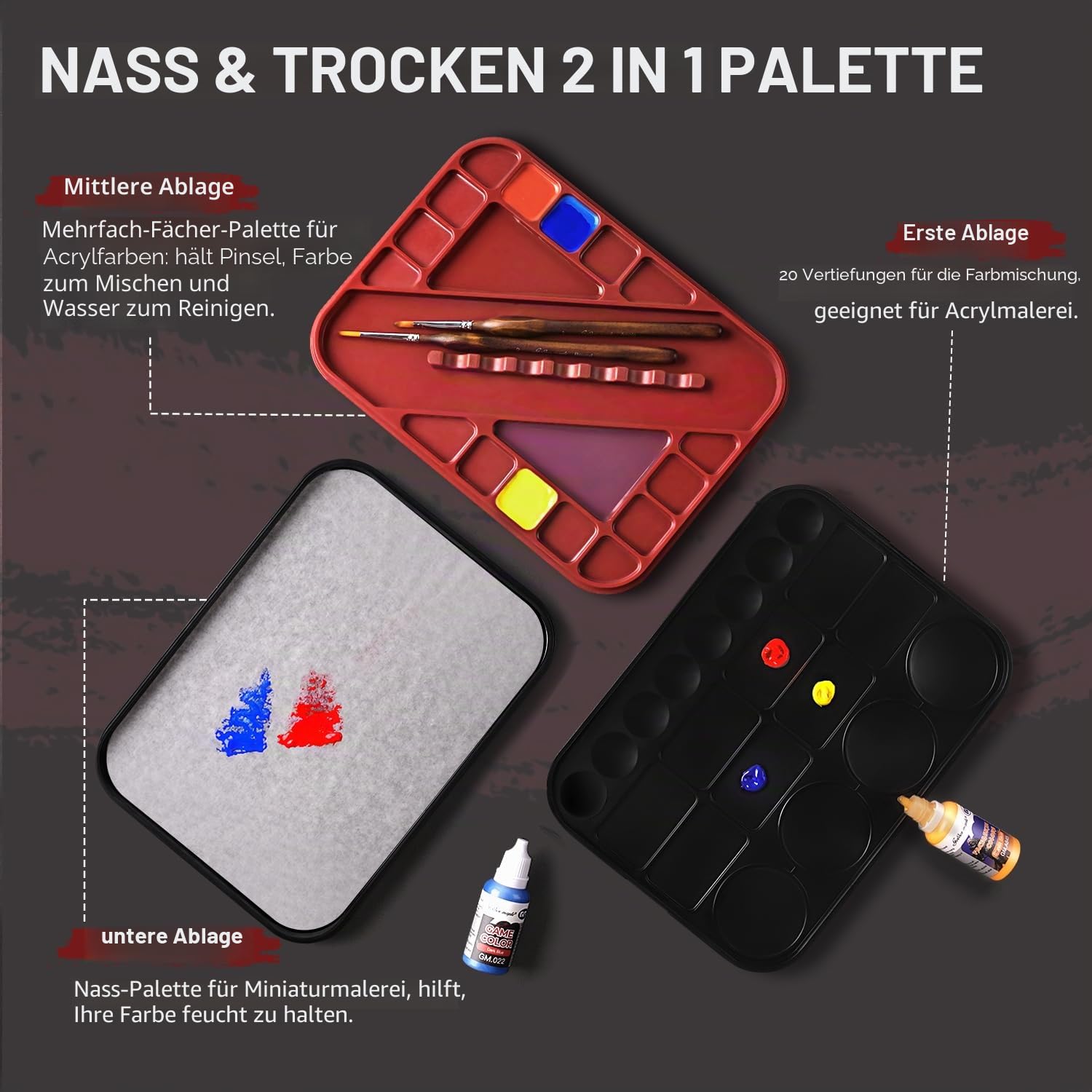 Golden Maple 2-in-1 Nass- und Trockenpalette mit Deckel – Nasspalette zum Malen von Miniaturen. Enthält: 11 Miniatur-Pinsel, 100 Blatt Palettenpapier, 4 Schwämme und Pinselhalter