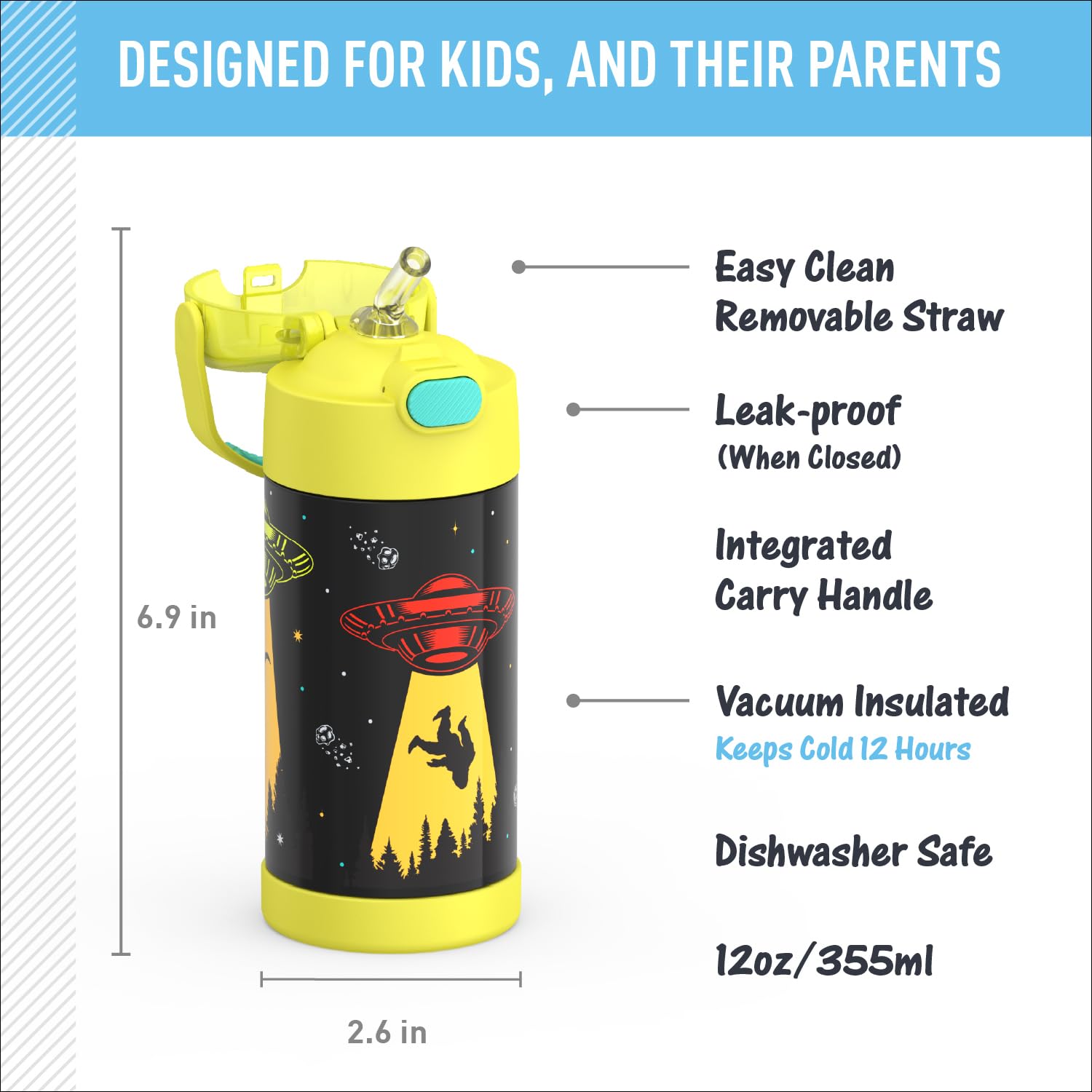 THERMOS FUNTAINER Trinkflasche mit Strohhalm, 340 ml, Out of This World | Isolierte Edelstahl-Wasserflasche für Kinder, hält Getränke länger kalt für Schule und Spiel, BPA-frei