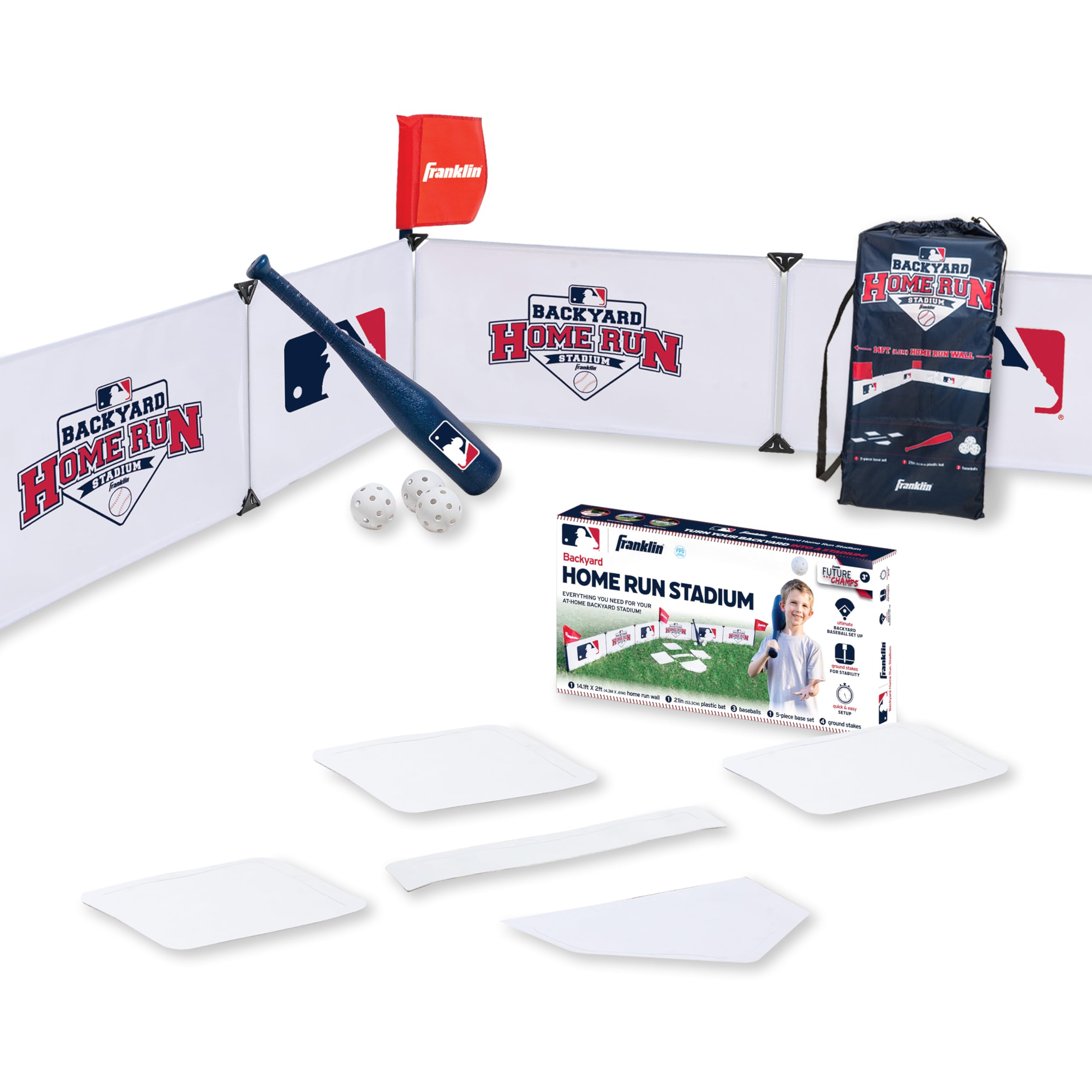 Franklin Sports MLB Kids Backyard Baseball Stadium - Kids Plastic Baseball Set with Home Run Walls, Bat, Plastic Balls + Throw Down Bases - 14' Fence for Backyard Diamond