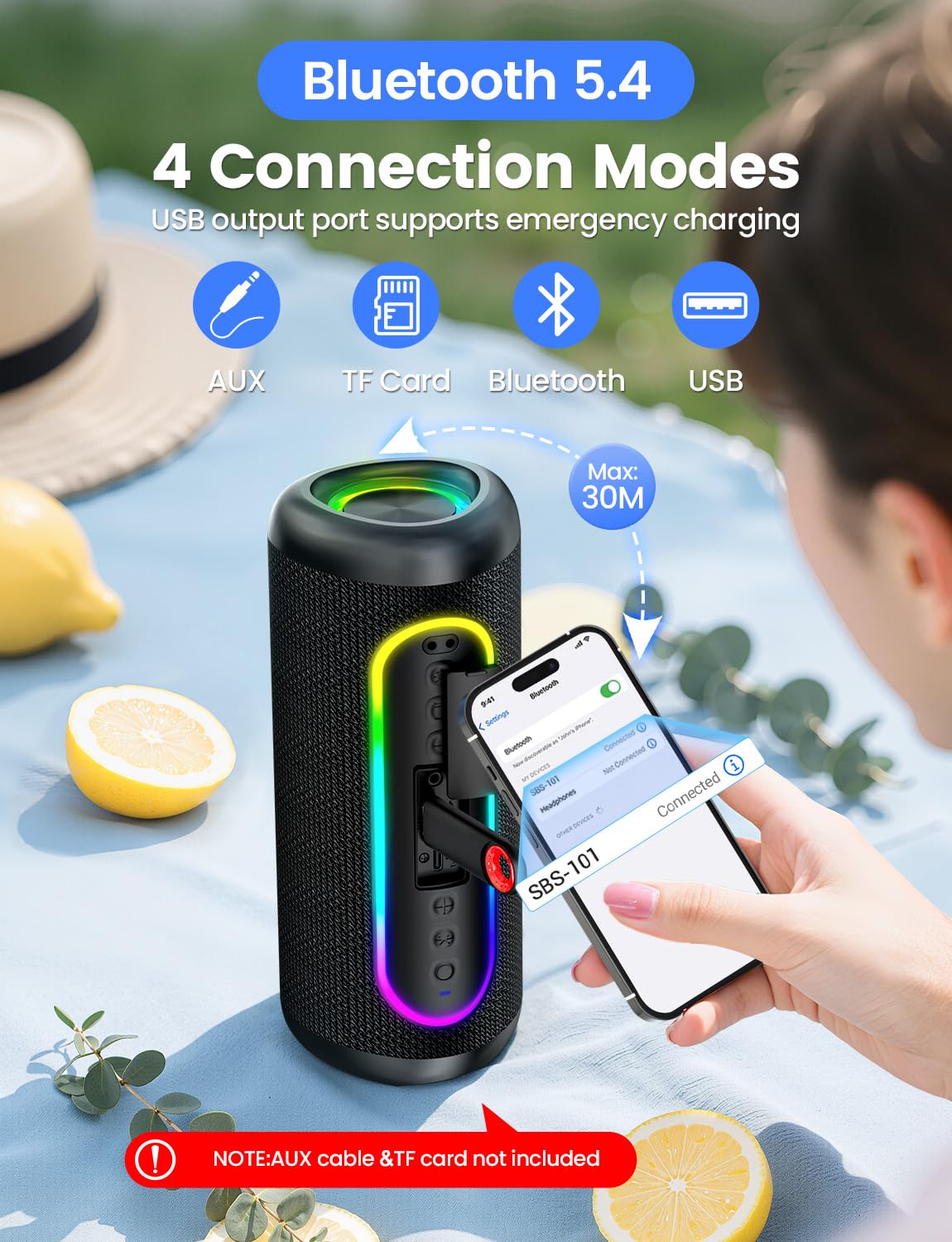 UOHHBOE Głośnik Bluetooth 30W, do 30H pracy, Bluetooth 5.4, TWS Stereo, Podświetlenie RGB, IPX5 odporny na zachlapania, USB/TF/AUX – do domu, podróży i na zewnątrz | Bluetooth 5.4, TWS stereo 360°, czas pracy 30H, 4 tryby RGB, IPX5, Type-C, głośnik bezprz
