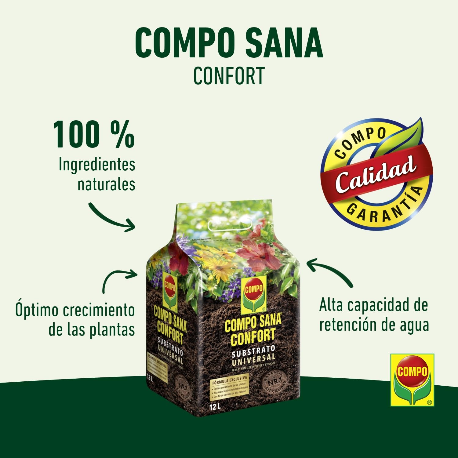 COMPO SANA Confort Universal Substrato de calidad para macetas con 12 semanas de abono para plantas de interior, terraza y jardín, Substrato de cultivo, 12 L