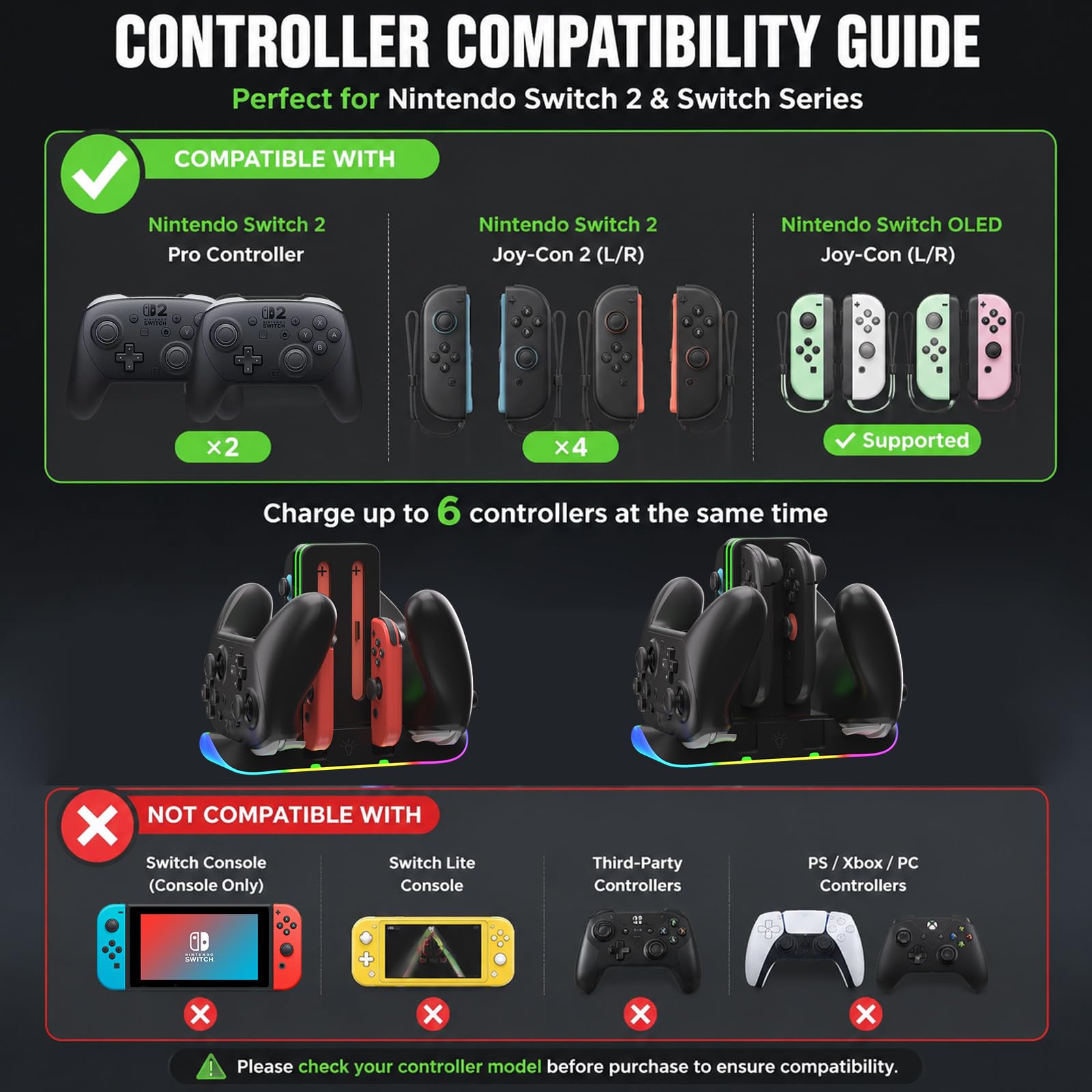 Station de charge pour manette Switch 2 - Charge 4 Joy-Cons & 2 Pro - Station de charge rapide RVB avec indicateurs LED et contrôle tactile - Compatible avec Nintendo Switch 2/1/OLED