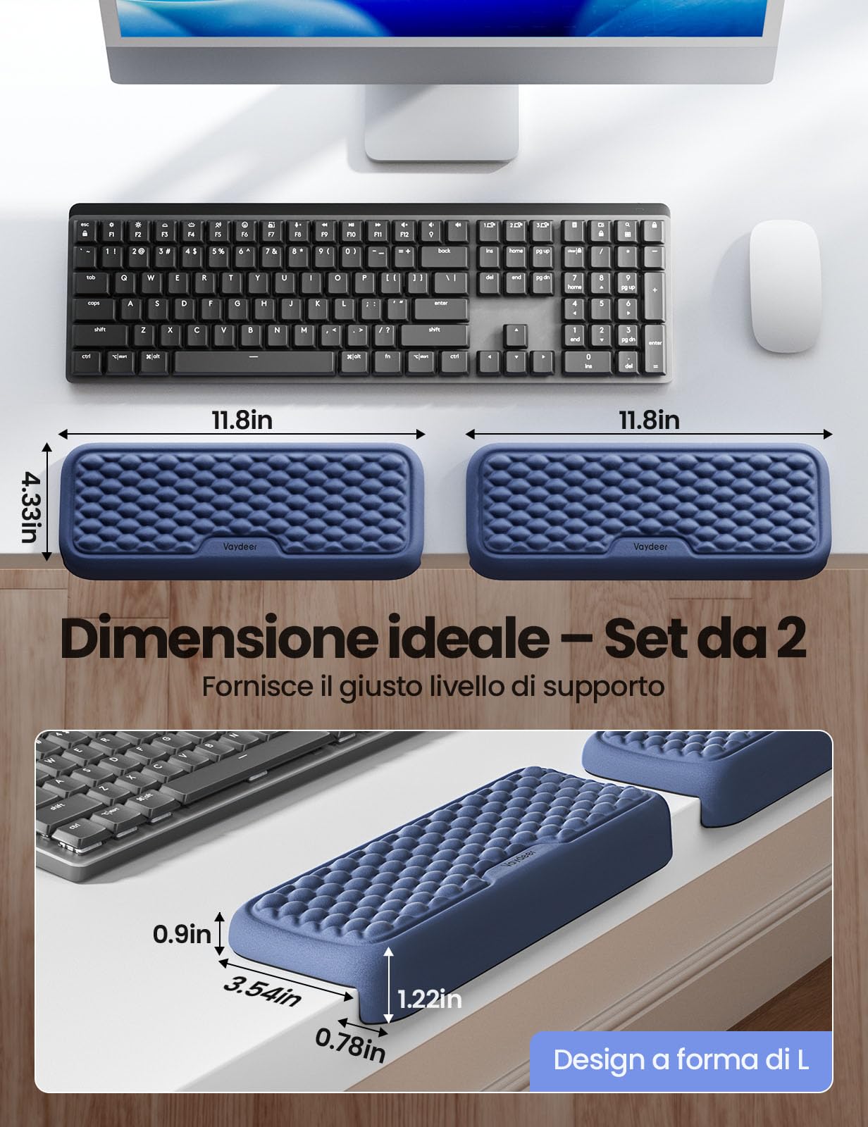 VAYDEER 2 Pz Poggiapolsi Memory Foam Antiscivolo Ergonomico per Scrivania Ufficio Gaming Blu
