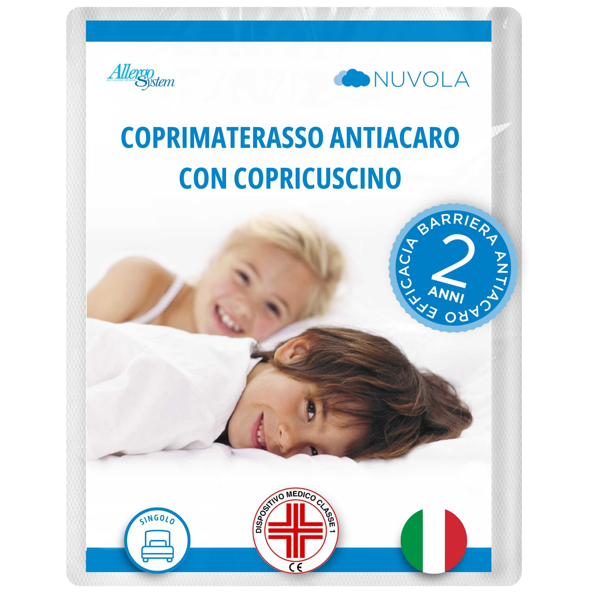 Allergosystem Set Coprimaterasso Antiacaro Singolo con Cerniera 90x200x20cm e Copriscuscino Letto 50x80cm - Dispositivo Medico Antiacaro e Anallergico MADE IN ITALY - Linea Nuvola