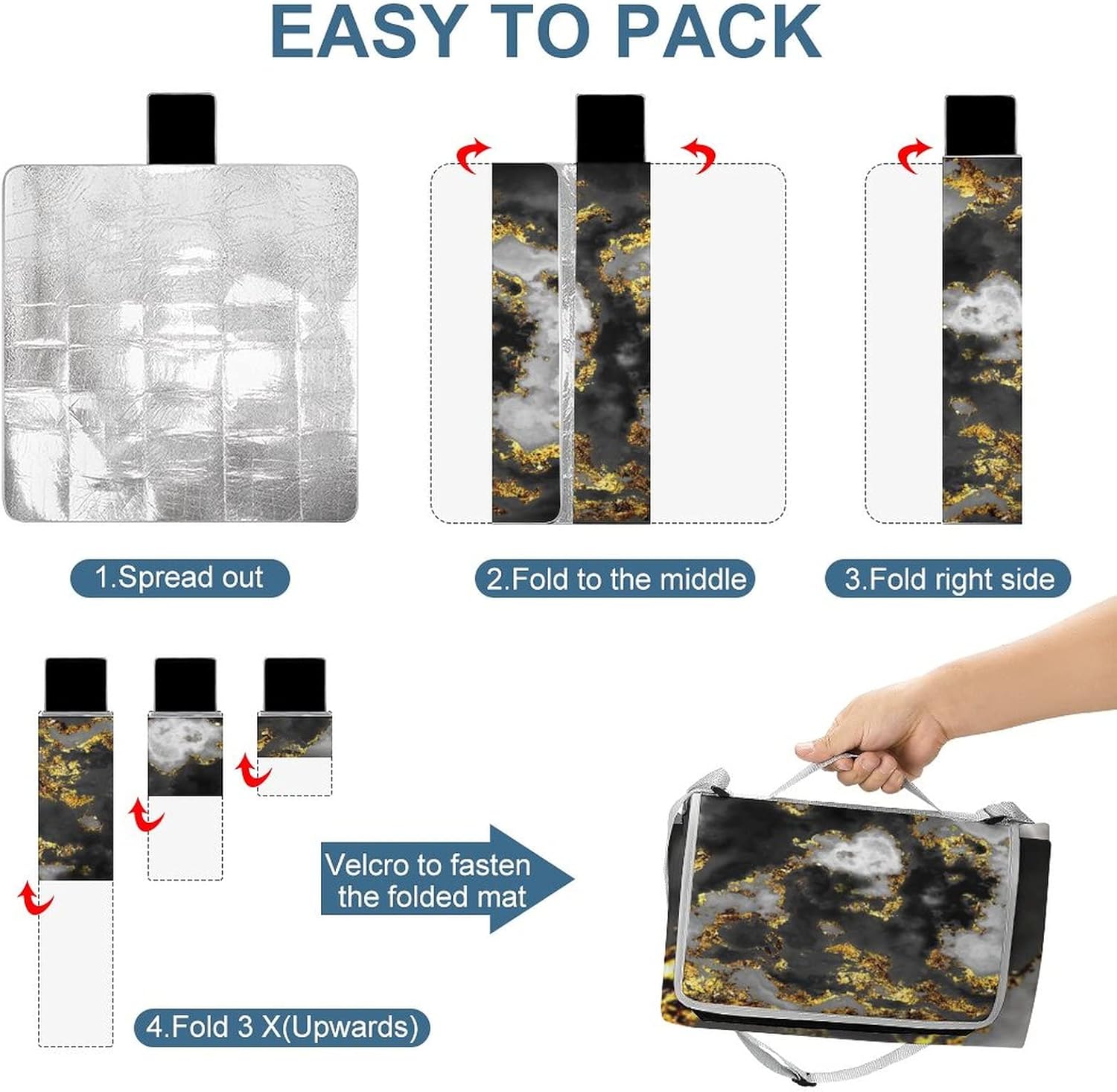Black Marble Black Adults Lightweight Waterproof Picnic Blanket Grey Gold Abstract Art for Outdoor Beach Hiking Camping on Grass Waterproof Sandproof 58.3x58.3 Inch