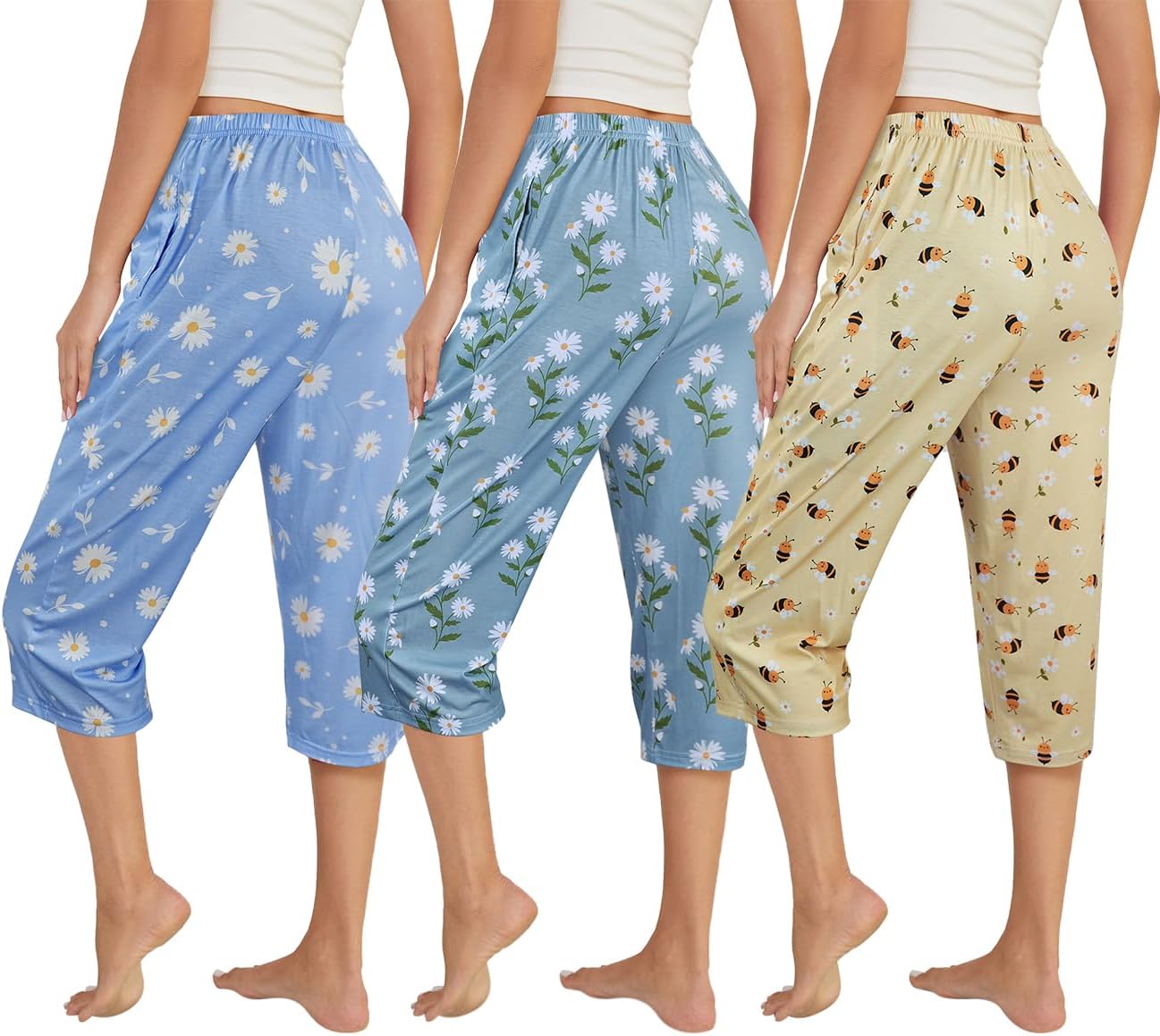 VENTELAN 3 Pack Womens Ultra-Soft Capri Pajama Pants Adjustable Waistband Sleepwear Bottoms (Available in Plus Size) S-XXXL