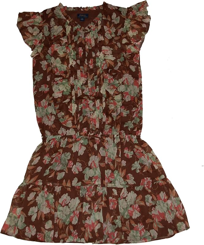 Polo Ralph Lauren Big Girls Crinkle Chiffon Floral Dress 7 Blue