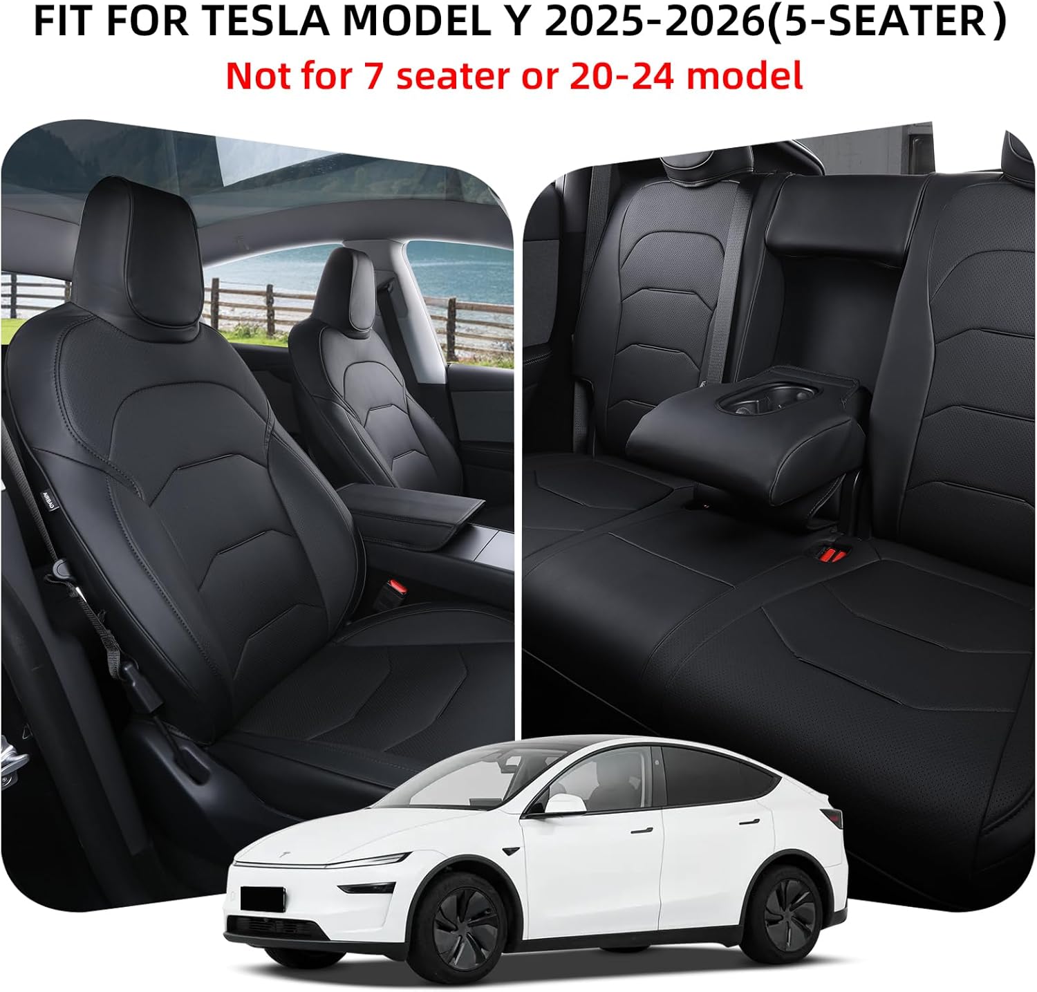 Tesla Model Y Seat Covers 2025 2026 Full Coverage Nappa Leather Car Seat Cover Interior Full Set Accessories Airbag Compatible Cushion Cover Custom Fit(Black,5-Seater)