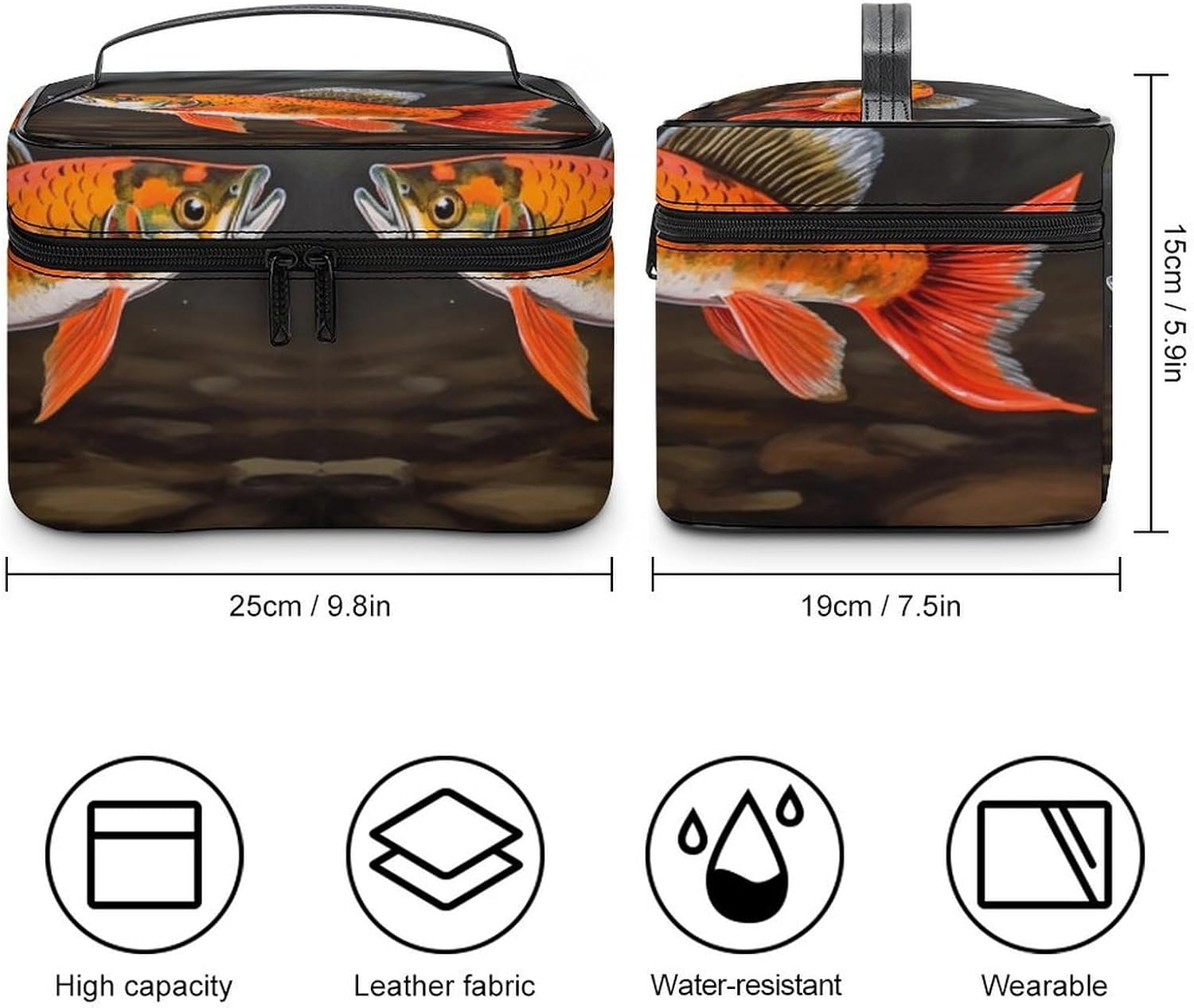 Safflower Flying Fish Makeup Bag with Handle Fashion Portable Travel Toiletry Bag Exquisite Large Capacity Cosmetic Bags Lightweight Travel Accessories Storage Bags for Women image 2