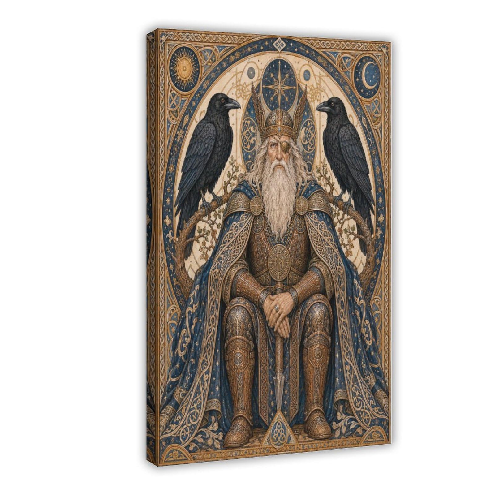 W7C8U2X3 Norse Odin with Ravens Canvas Wall Art, Art Nouveau Throne