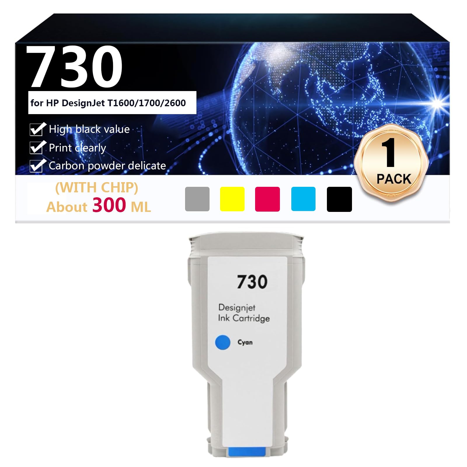 Cartucce D'inchiostro Compatibili per 730 per HP DesignJet T1600 T2600 T1700 Stampante Cartucce D'inchiostro ad Alta Resa, 300 ML,C