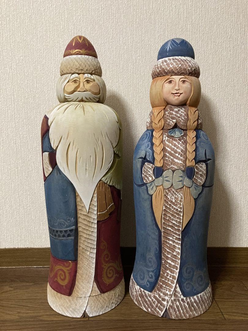 ロシア雑貨☆コブロフ工房Big木製人形 赤サンタ&雪娘 62cm
