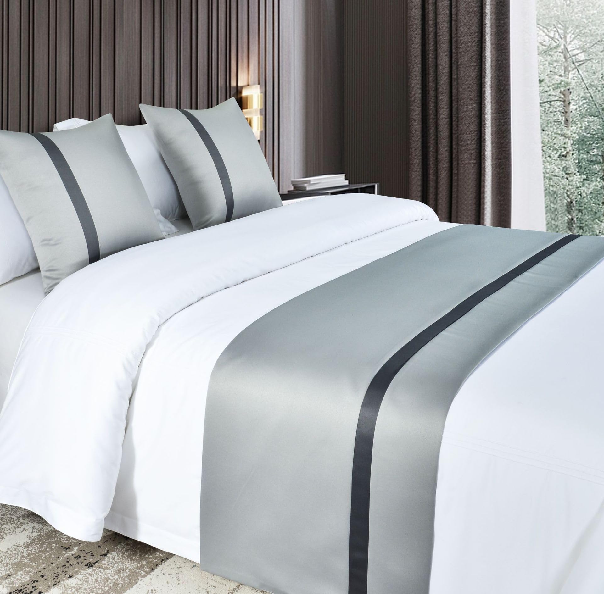 Janemua Light/Grey Bed Runner,Bed Runners And Matching Cushions,Hotel And Guesthouse Bed End Towel, Inn Bed And Breakfast Bedspread, Silky Soft Colour Block Bed Towel- Grey||240X50 Cm (1.8 M Bed)
