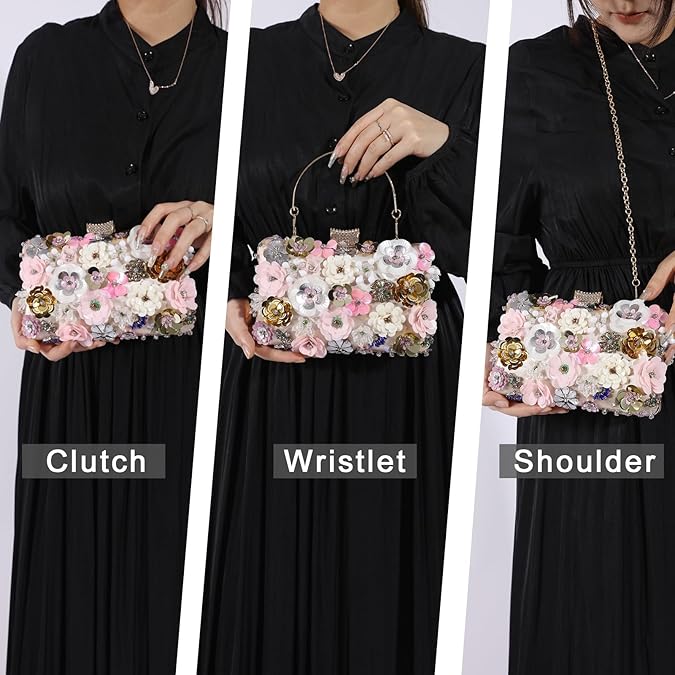 Floral Evening Bag for Women Embroidery Beaded Clutch Purses Vintage Pearl Evening Handbags Elegant Crossbody Shoulder Bag, Floral Champagne: Amazon.co.uk: Fashion
