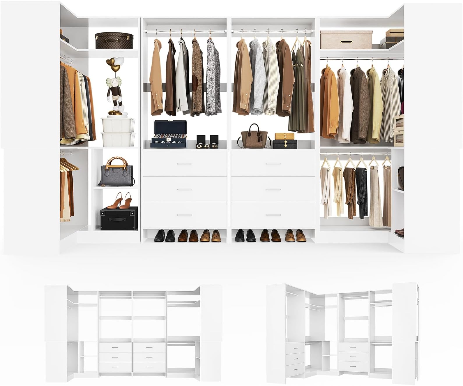 Closet System with 6 Drawers, 6 Hanging Rods & Corner Tower, Corner Closet System with Hanging, 112.5" U-Shaped Walk-In Wardrobe Organizer, 2000+ lbs Capacity, Set of 4, -U4, White