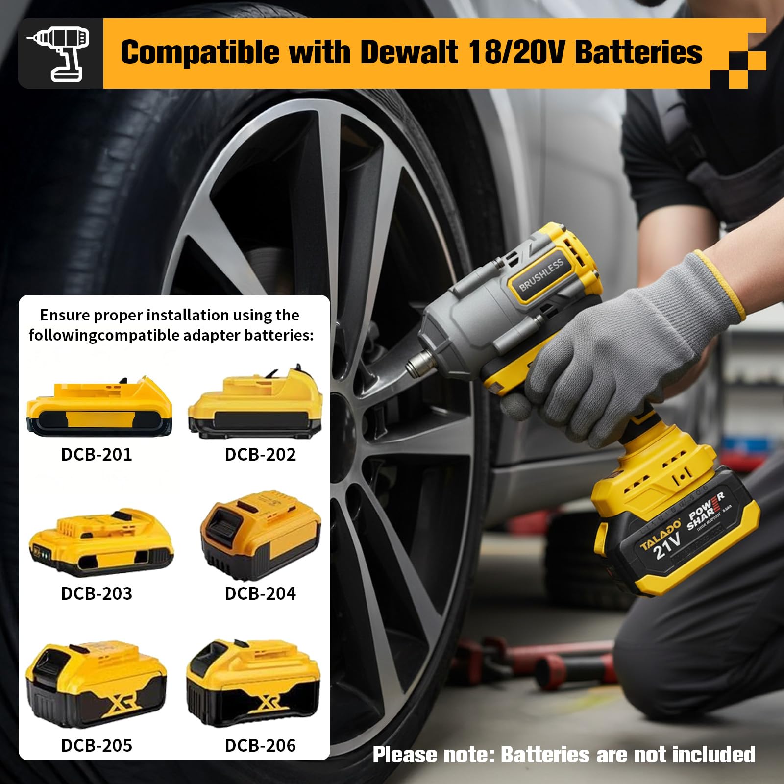 Akumulatorowa wkrętarka udarowa 1100 Nm kompatybilna z DeWalt 18 V/20 V – 1/2" bezszczotkowy klucz płaski z 7 kluczami nasadowymi do naprawy samochodów, wymiany opon i prac budowlanych (bez