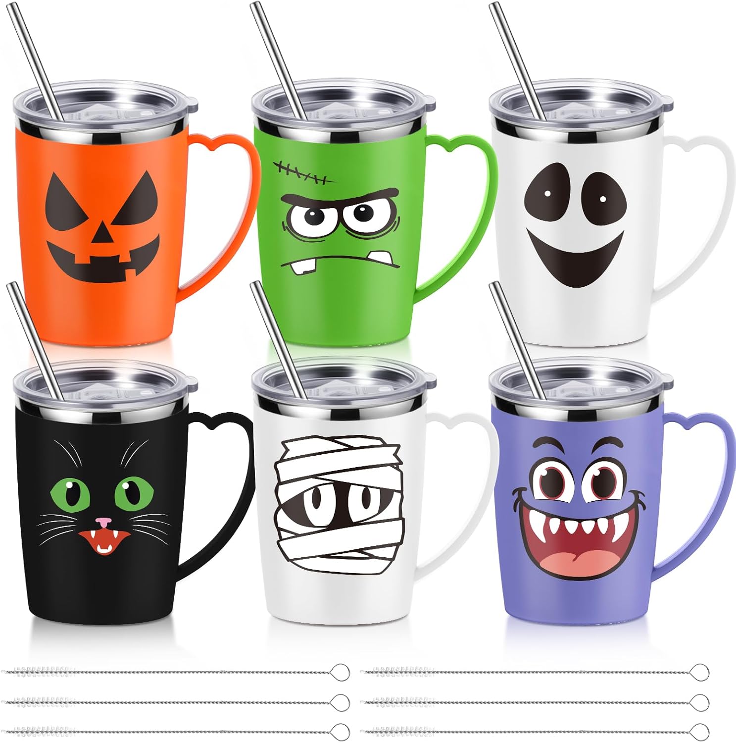 6 Pcs Halloween Coffee Mugs Cups 16 Oz Halloween Stainless Steel Insulated Tumblers Bulk with Handle Lid Straw Brushes Spooky Ghost Face Monster Black Cat Mugs Trick or Treat Gifts