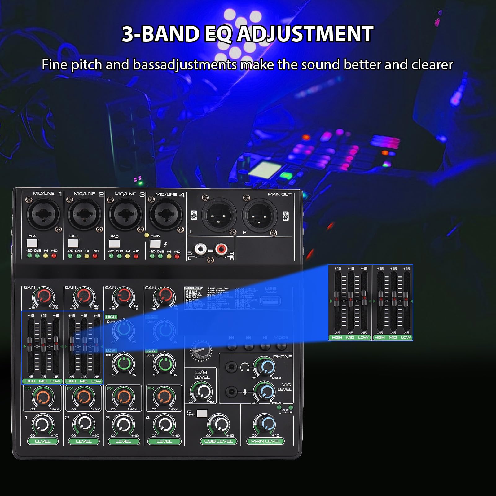 Naroote Kompaktes 6-Kanal-Mischpult mit 256 Effekten und 48-V-Phantomspeisung für Kleine Musikveranstaltungen, Heimmusikproduktion