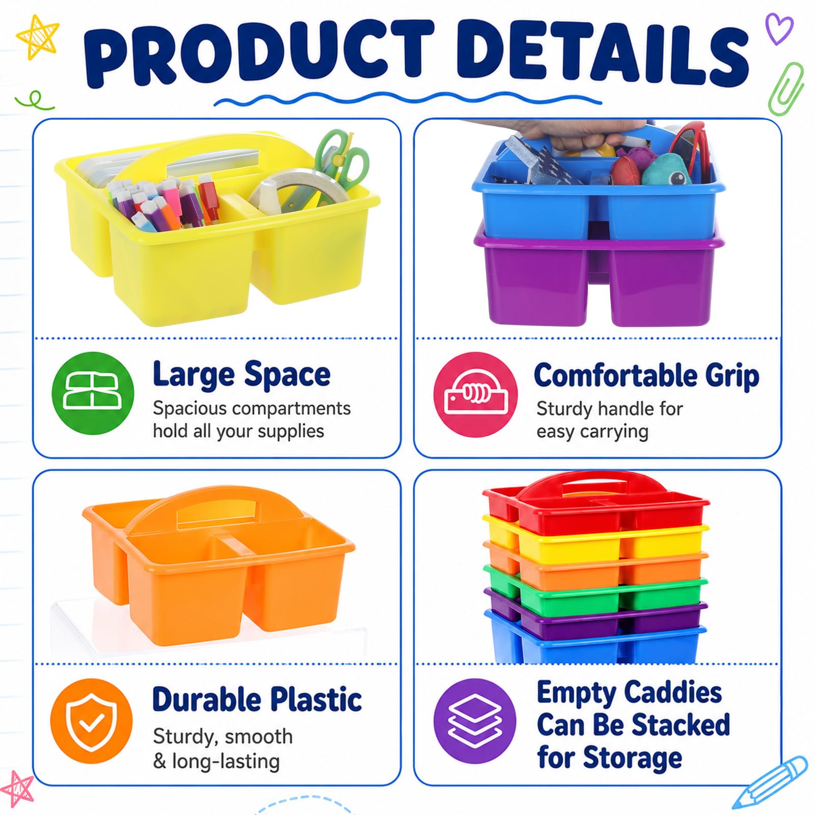 Confezione da 6 organizer colorati per aule con etichette adesive per quaderni, 3 scomparti, forniture per insegnanti, da tavolo, per scrivania, ufficio, artigianato, arte, scuola