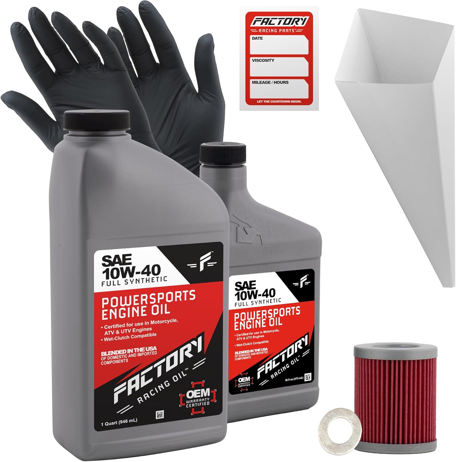 Factory Racing Parts Oil Change Kit compatible with Suzuki AN400 Burgman – Includes 1.5 Quarts of 10W-40 Full Synthetic Oil, 1 Filter, 1 Crush Washer, 1 Funnel, 1 Oil Change Reminder Sticker