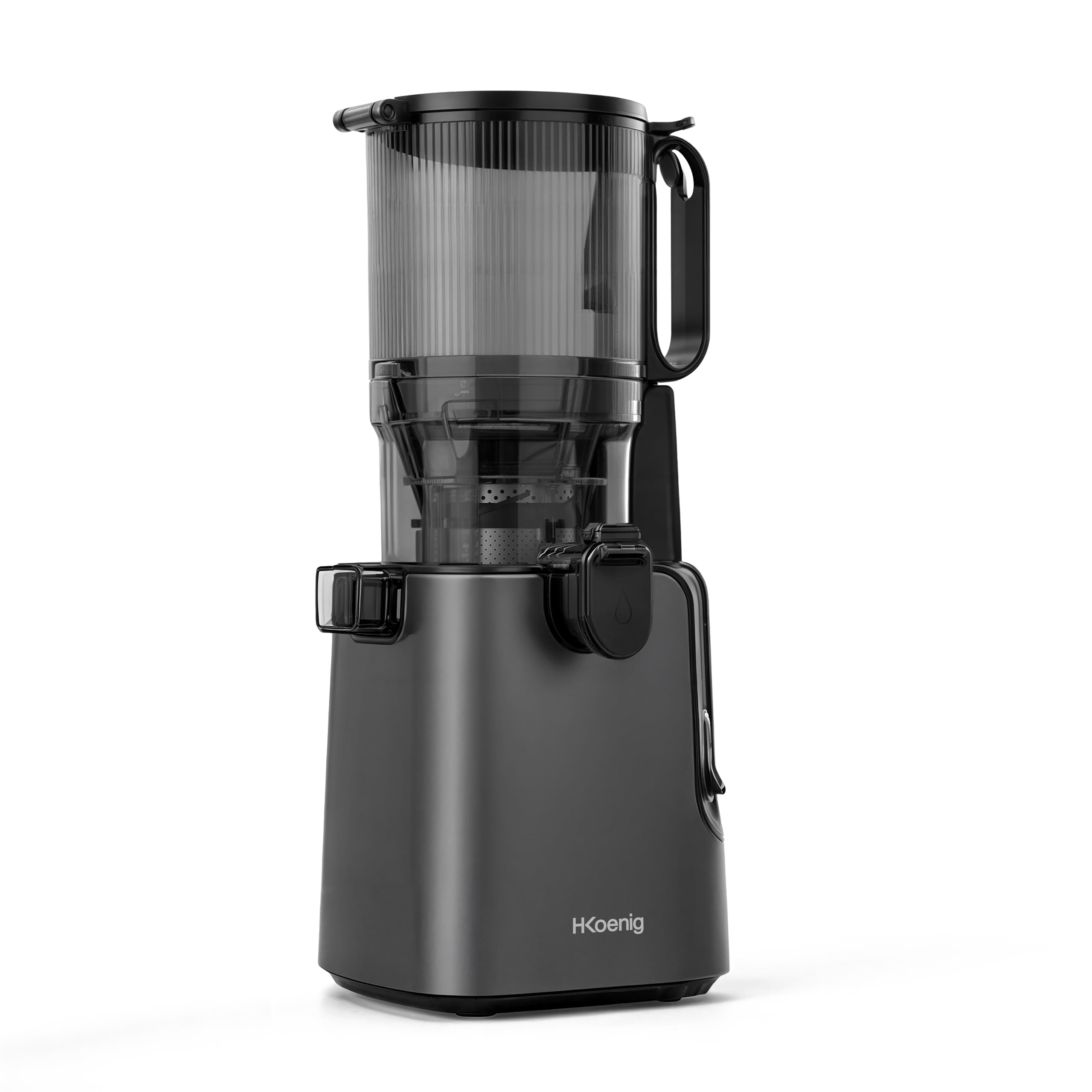H.Koenig GSX26 - Estrattore di succo con apertura ampia 135 mm, frutta e verdura, senza BPA, estrazione lenta 50 giri/min, acciaio inossidabile, silenzioso, 250 W, antigoccia, nero